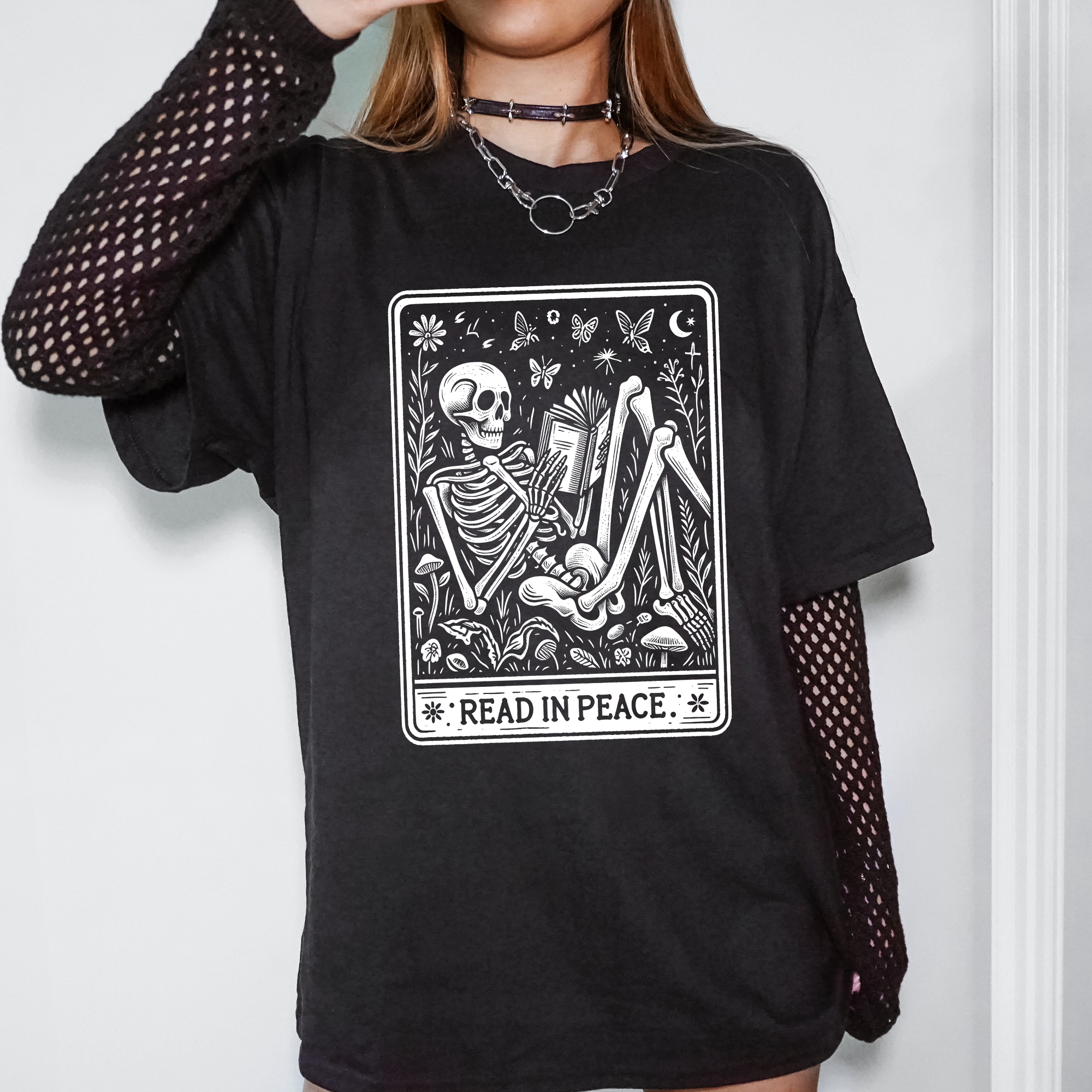 Read In Peace Tarot Skeleton Halloween Booktok Library Bookish Literary Gothic Cozy Graphic Tee