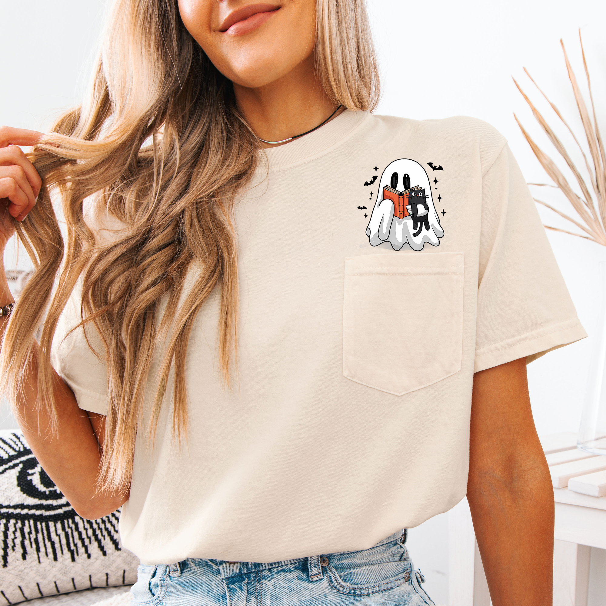 Reading Ghost And Cat Reading A Book By The Library Shelf On Halloween Night Comfort Colors Tee
