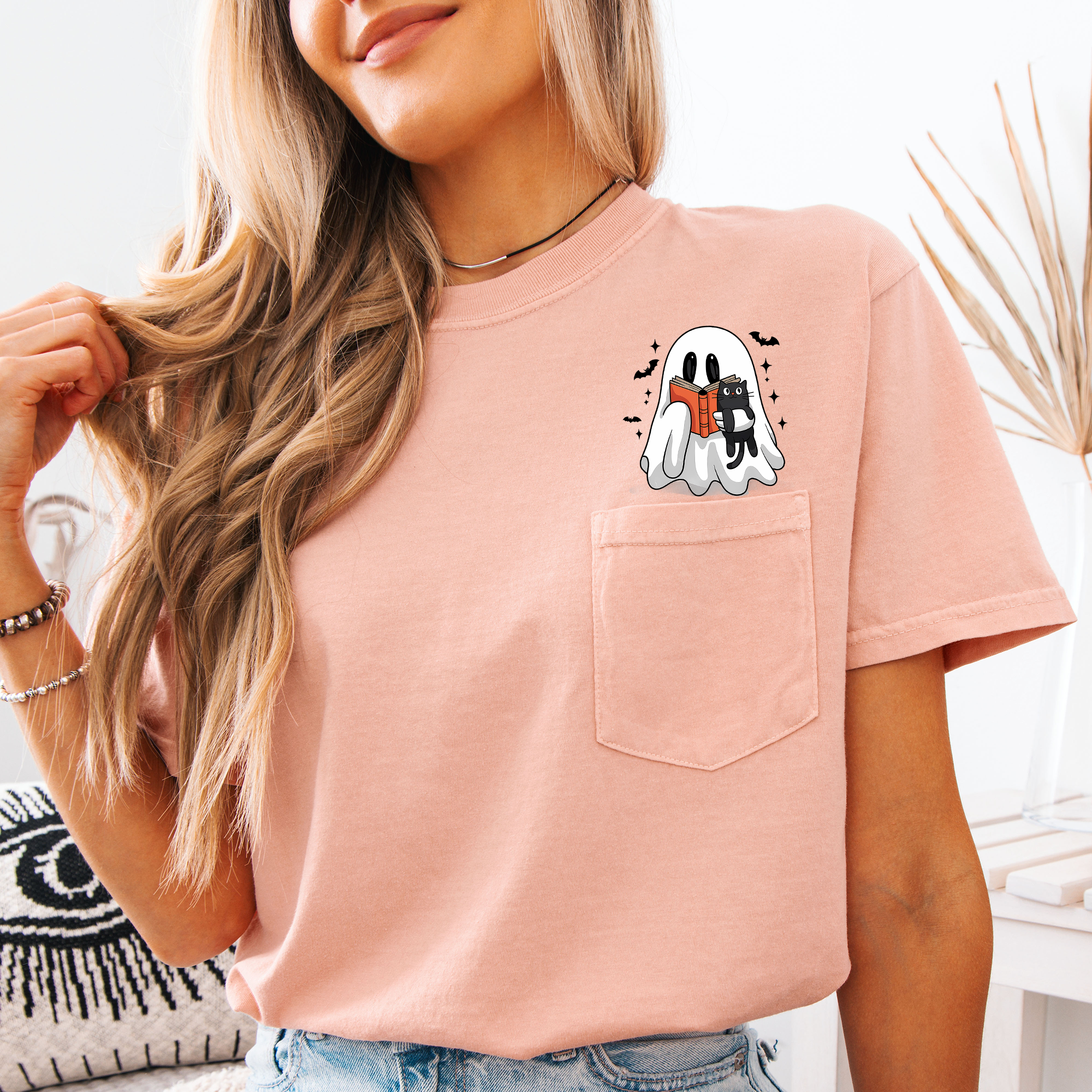 Reading Ghost And Cat Reading A Book By The Library Shelf On Halloween Night Comfort Colors Tee