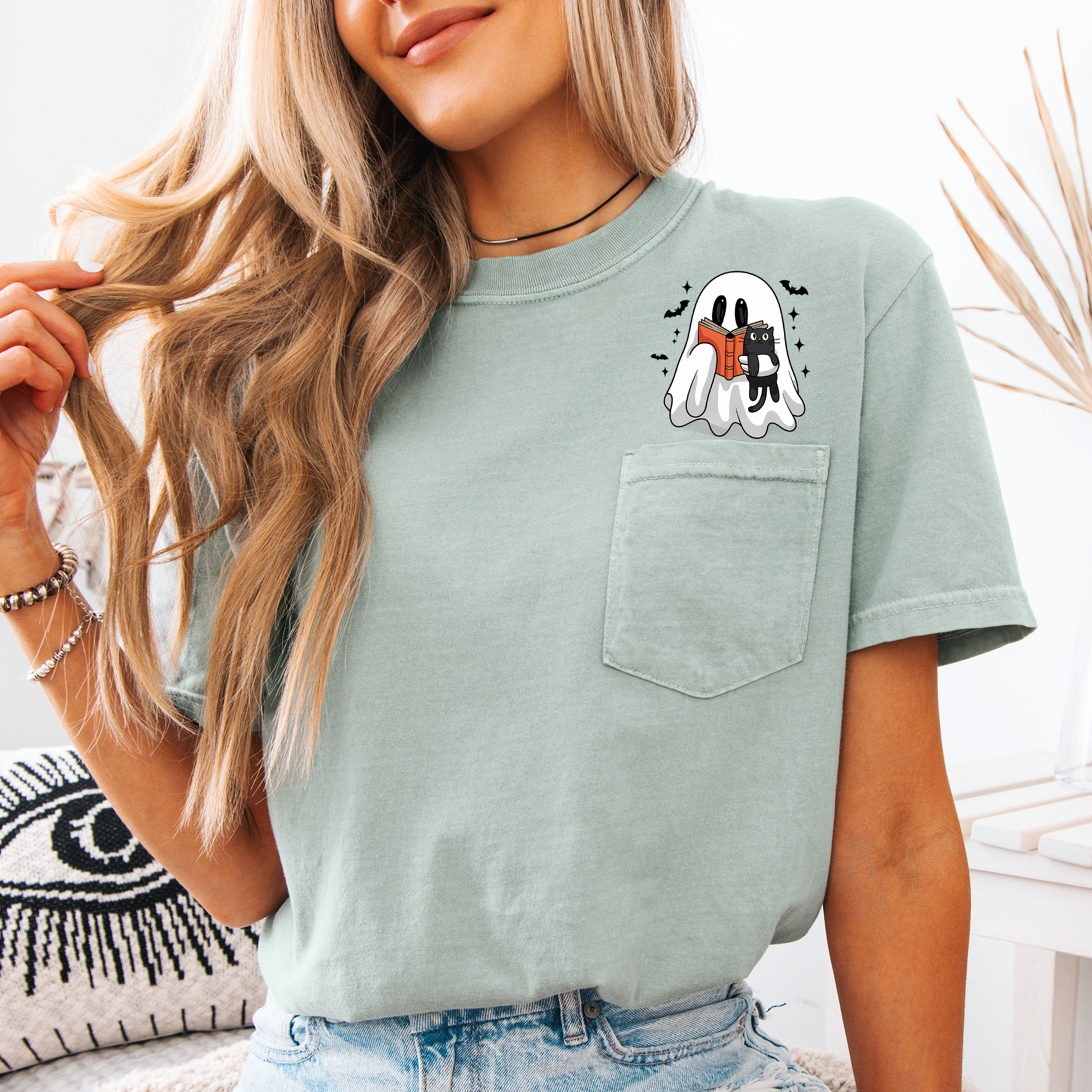 Reading Ghost And Cat Reading A Book By The Library Shelf On Halloween Night Comfort Colors Tee