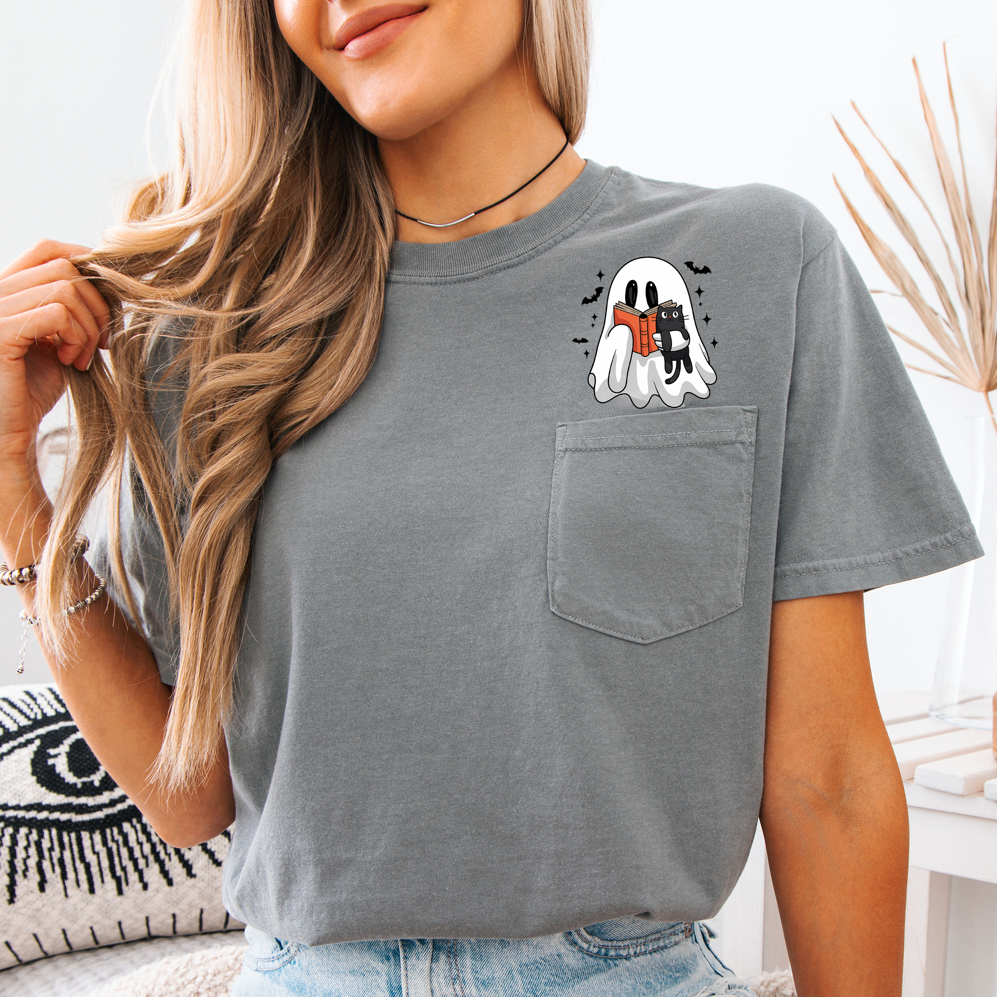 Reading Ghost And Cat Reading A Book By The Library Shelf On Halloween Night Comfort Colors Tee