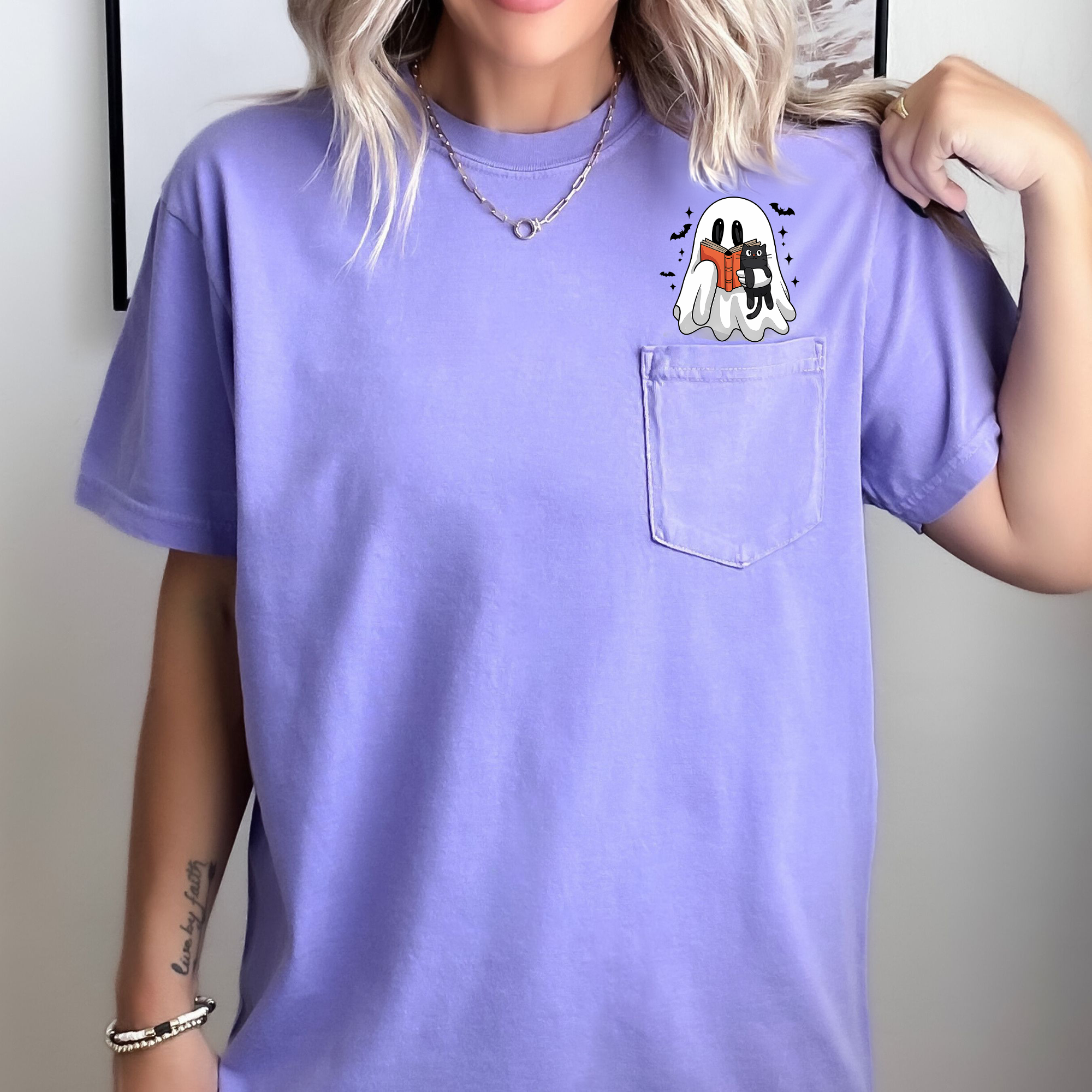 Reading Ghost And Cat Reading A Book By The Library Shelf On Halloween Night Comfort Colors Tee