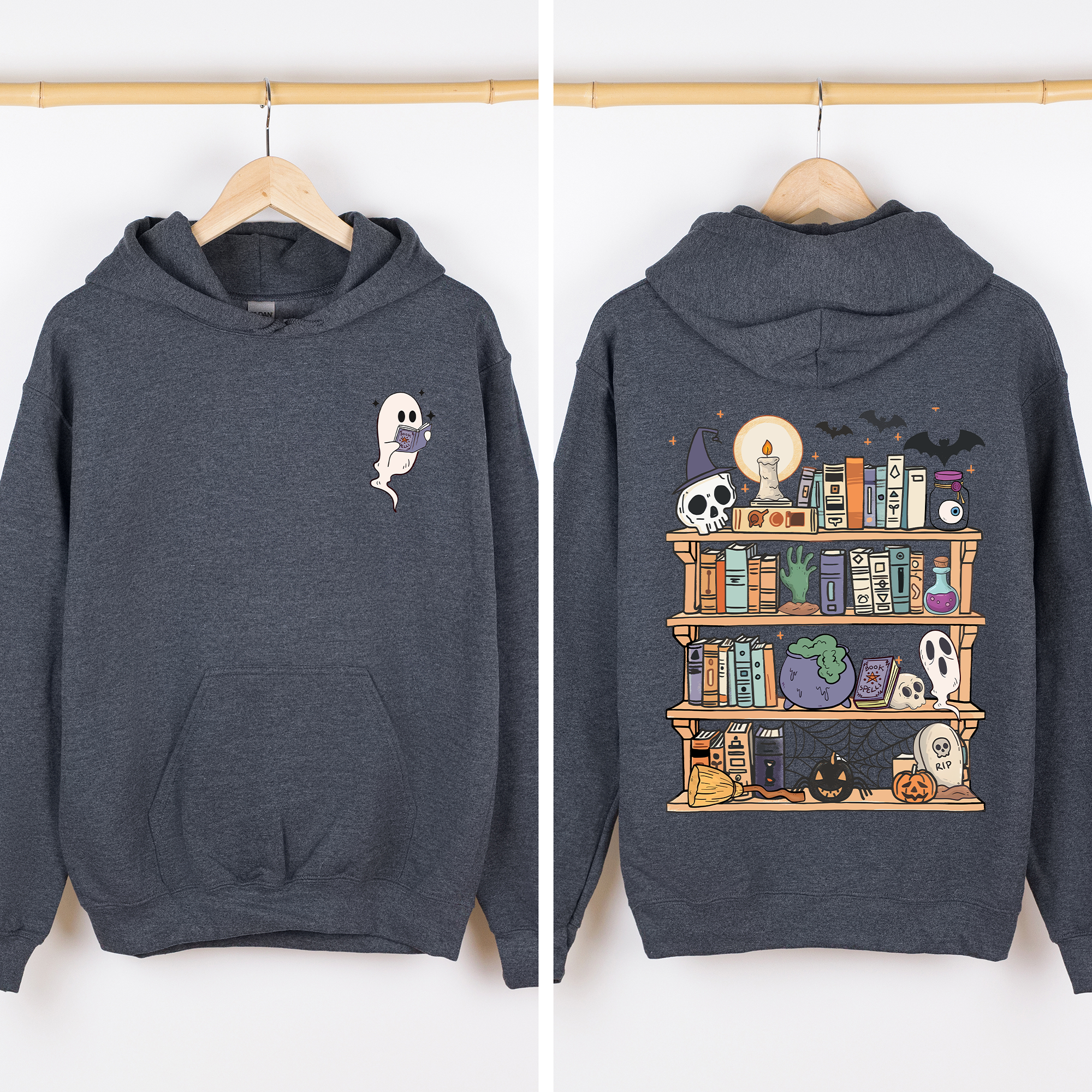 Reading Ghost Library Halloween Spooky Front Back Teacher Boo Story Time Graphic Hoodie