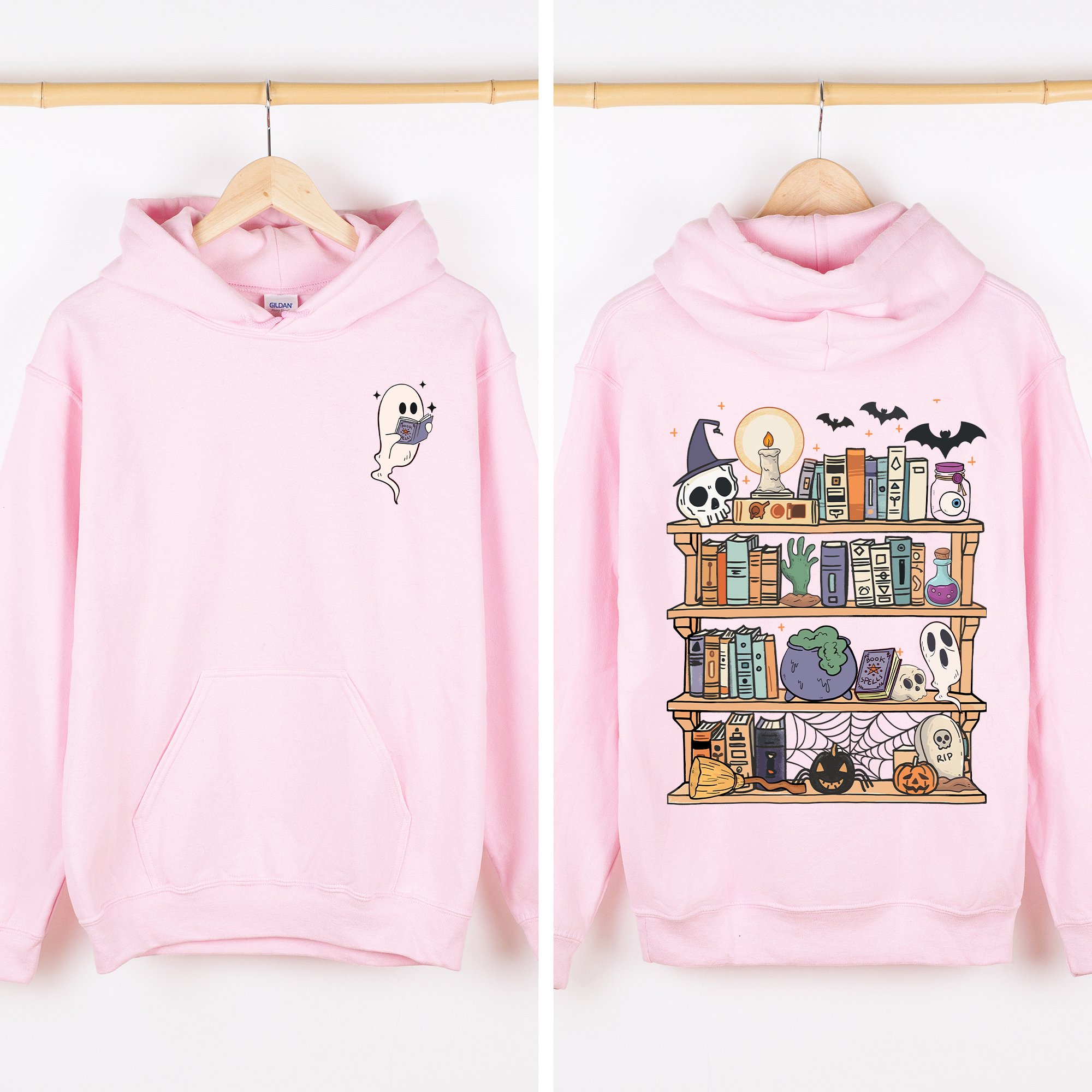 Reading Ghost Library Halloween Spooky Front Back Teacher Boo Story Time Graphic Hoodie