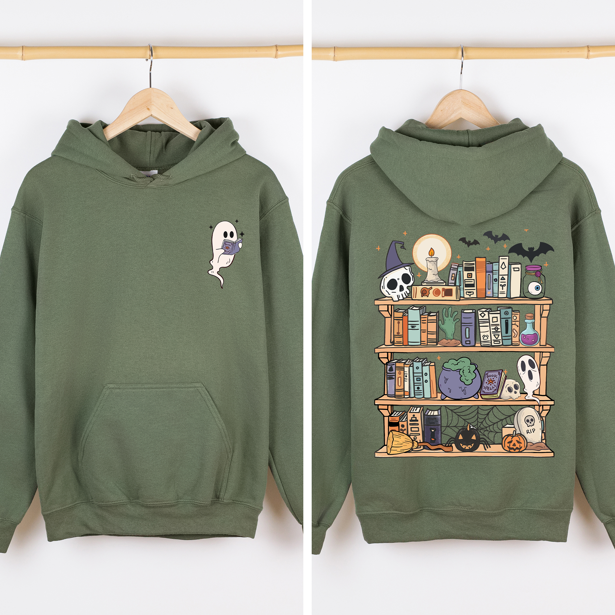 Reading Ghost Library Halloween Spooky Front Back Teacher Boo Story Time Graphic Hoodie