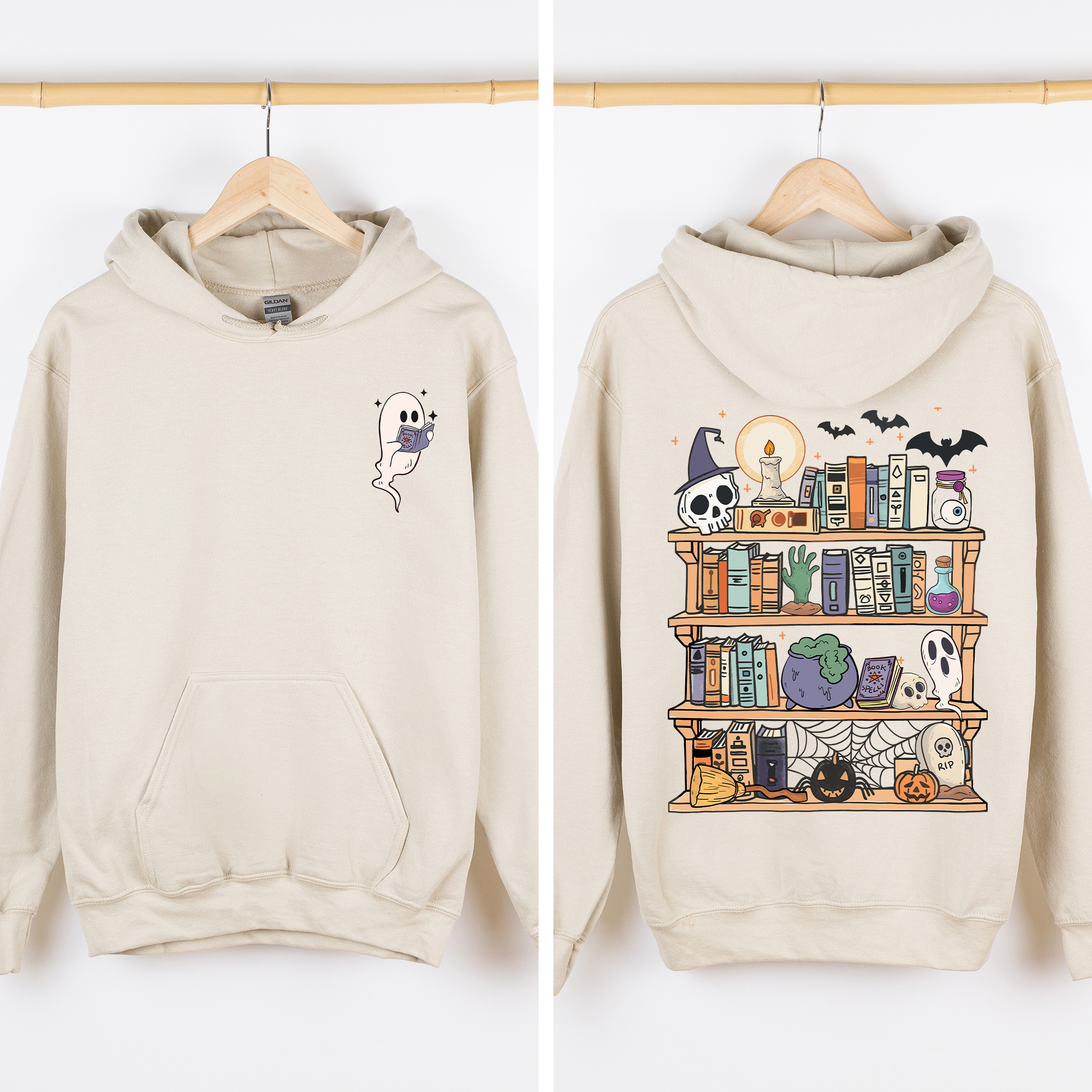 Reading Ghost Library Halloween Spooky Front Back Teacher Boo Story Time Graphic Hoodie
