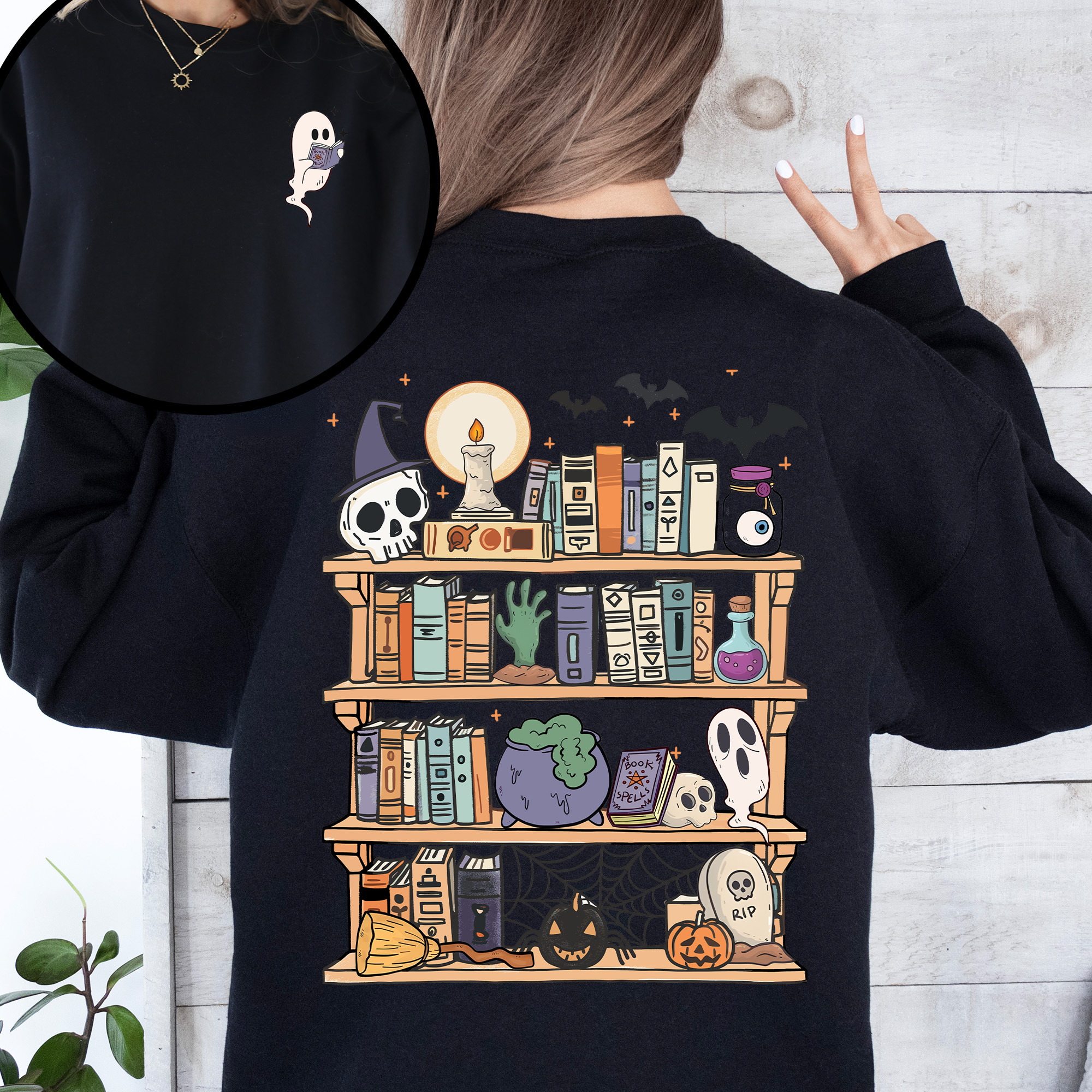 Reading Ghost Library Halloween Spooky Boo Front And Back Teacher Book Lover Sweatshirt