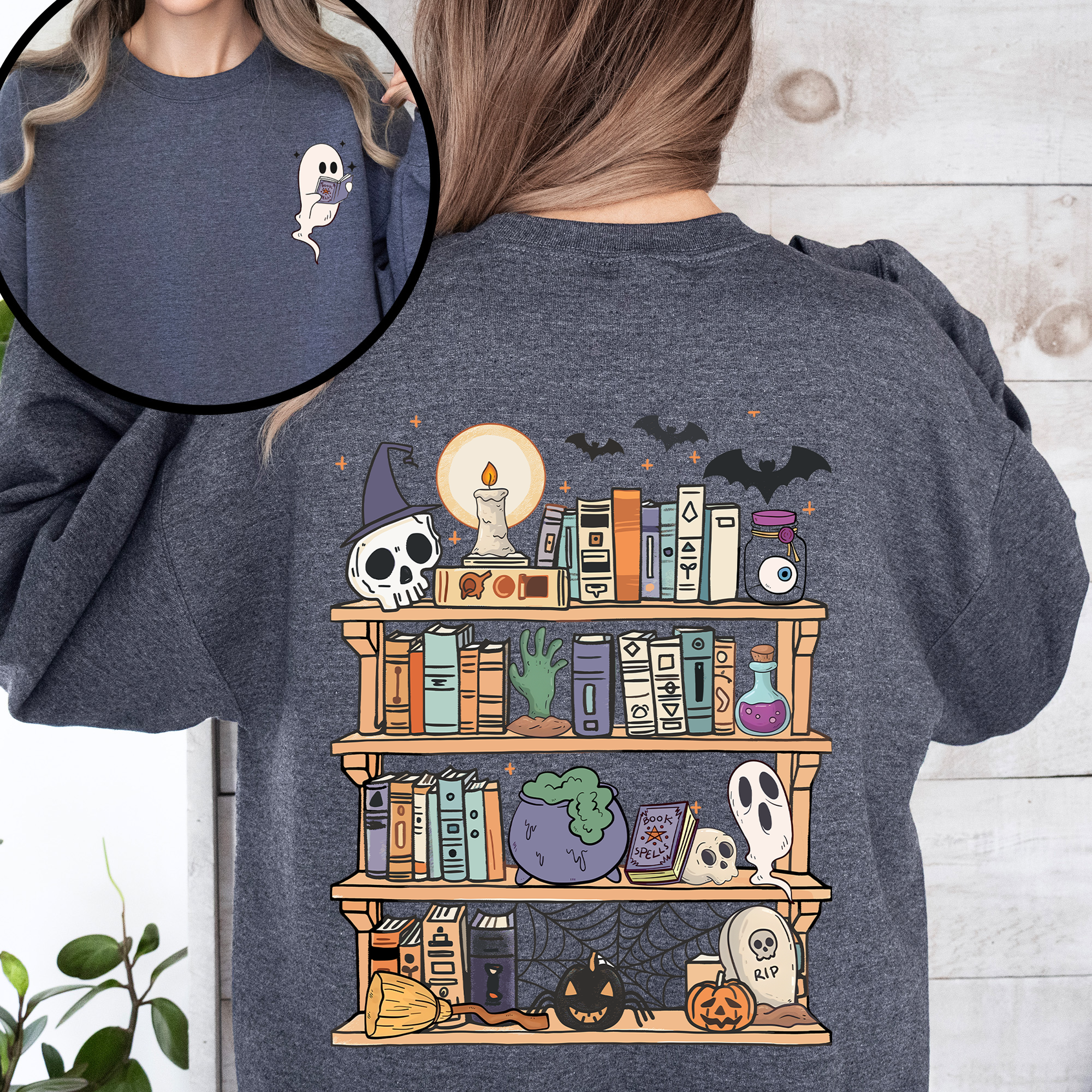 Reading Ghost Library Halloween Spooky Boo Front And Back Teacher Book Lover Sweatshirt