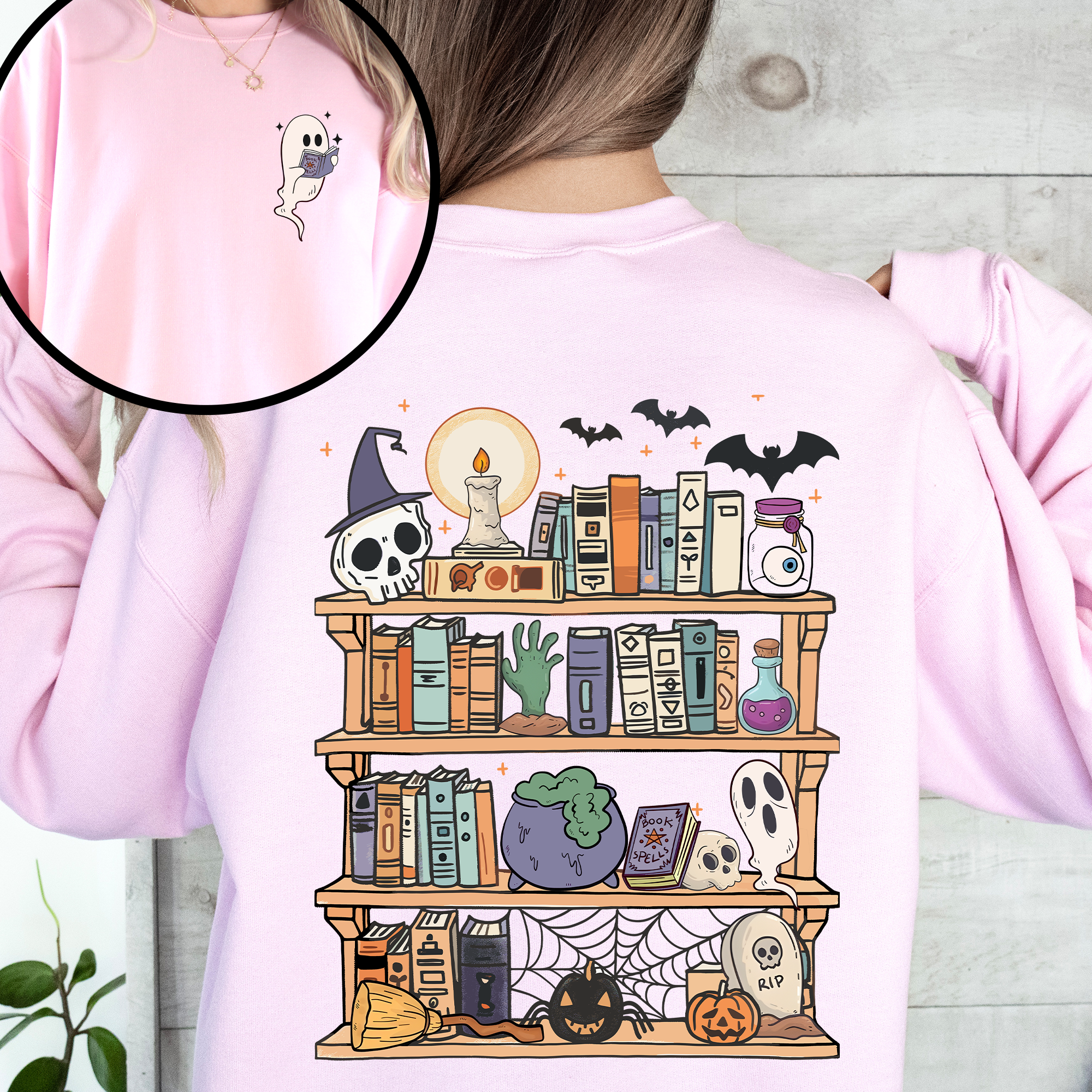 Reading Ghost Library Halloween Spooky Boo Front And Back Teacher Book Lover Sweatshirt