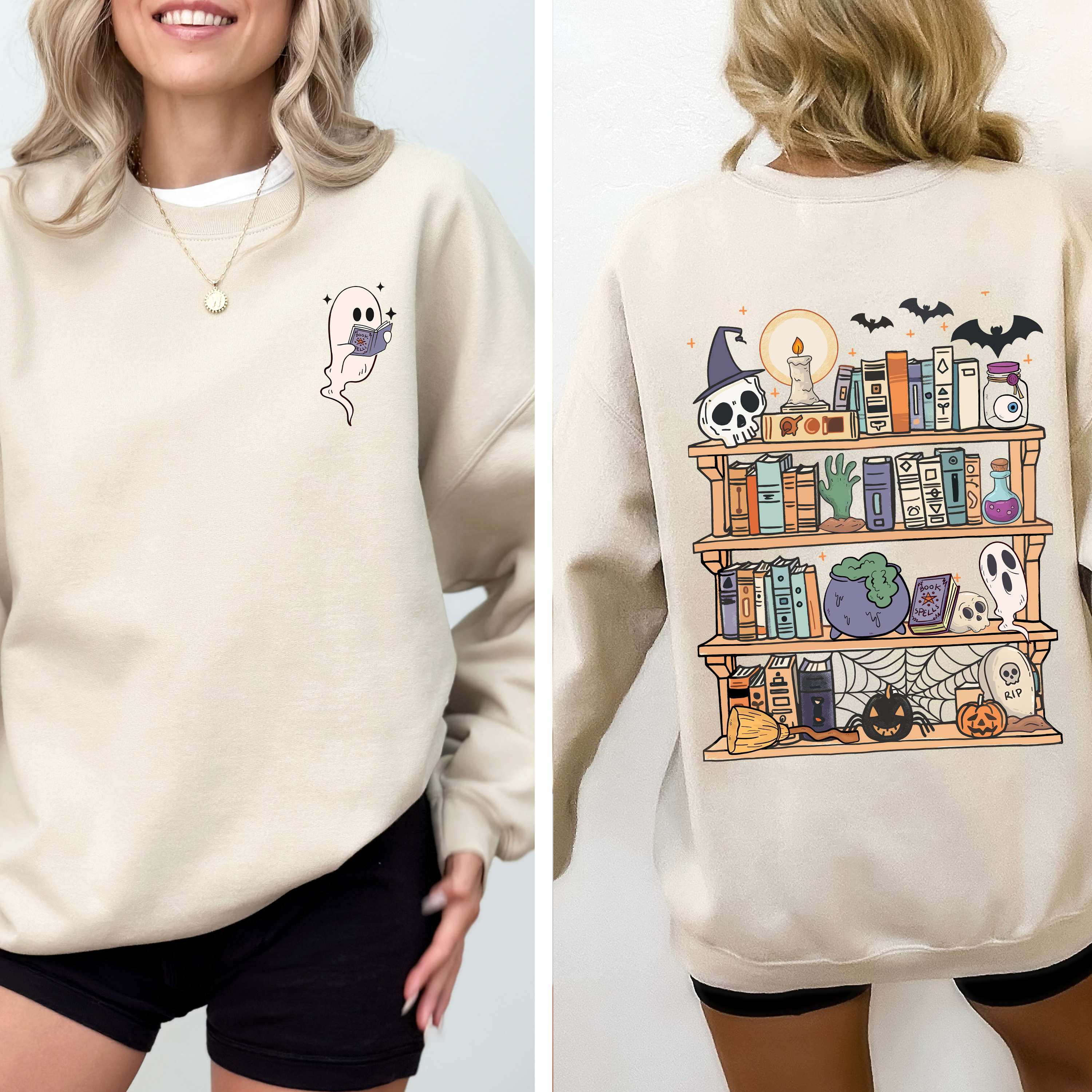 Reading Ghost Library Halloween Spooky Boo Front And Back Teacher Book Lover Sweatshirt