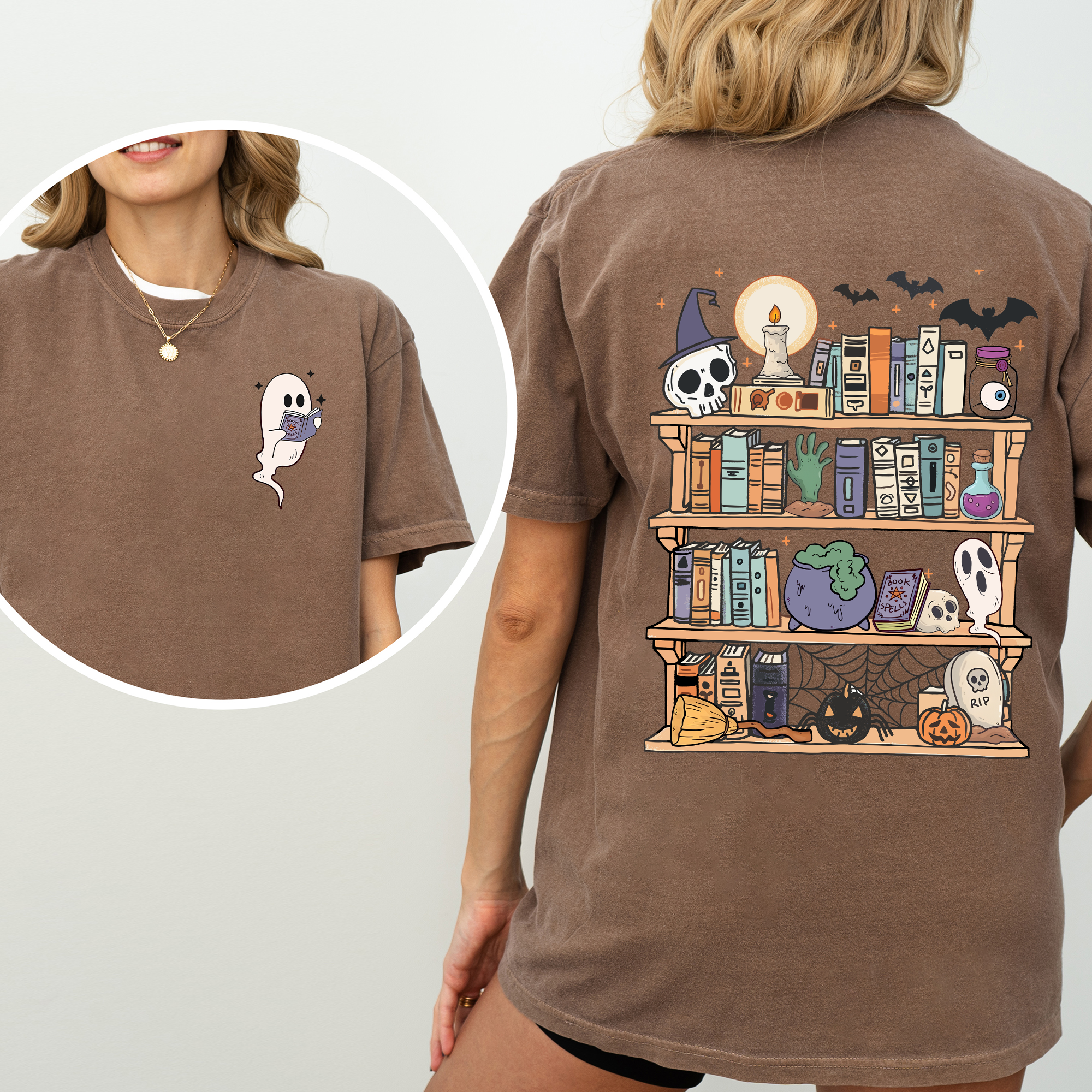 Reading Ghost Halloween Library Spooky Front Back Teacher Boo Comfort Colors Tee