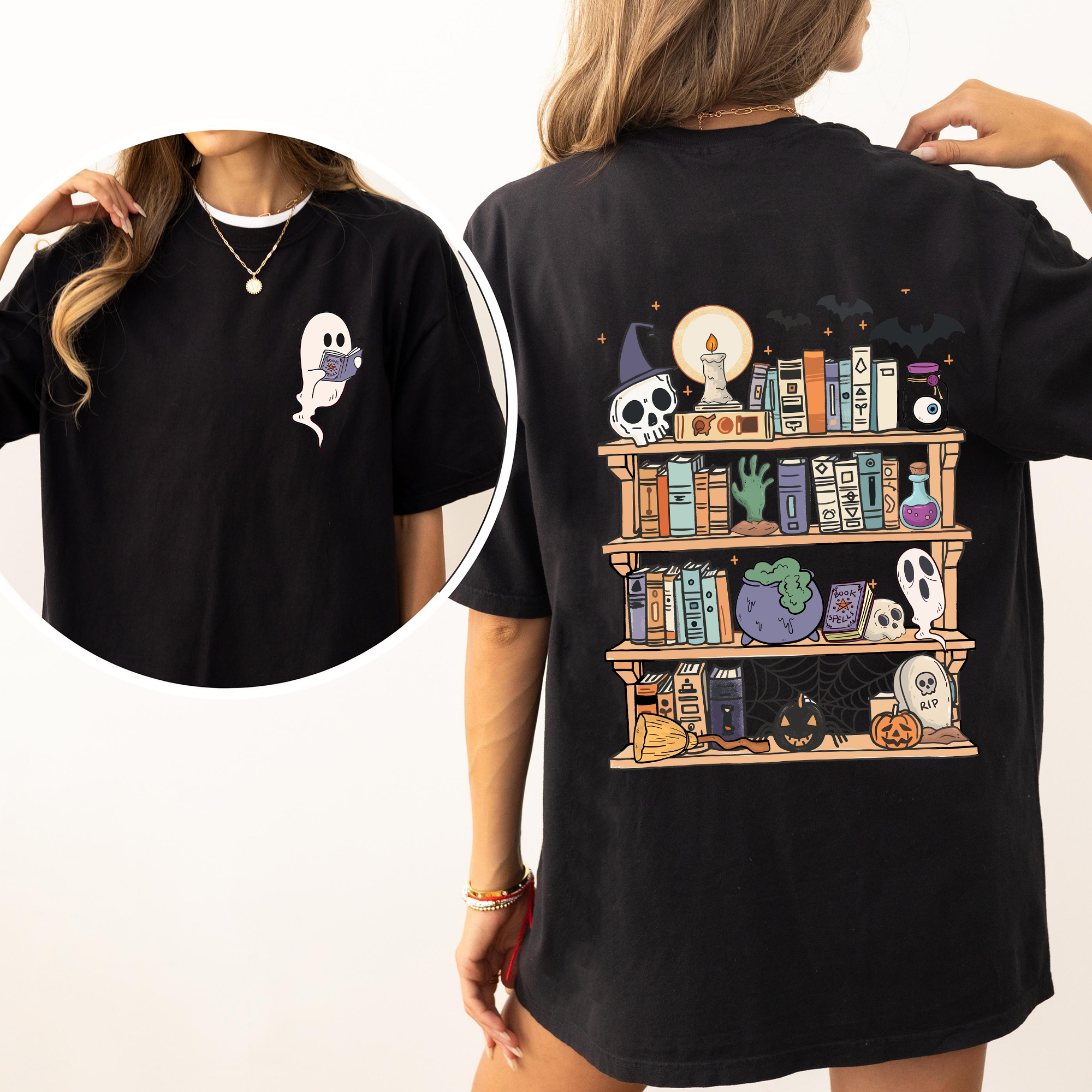 Reading Ghost Halloween Library Spooky Front Back Teacher Boo Comfort Colors Tee