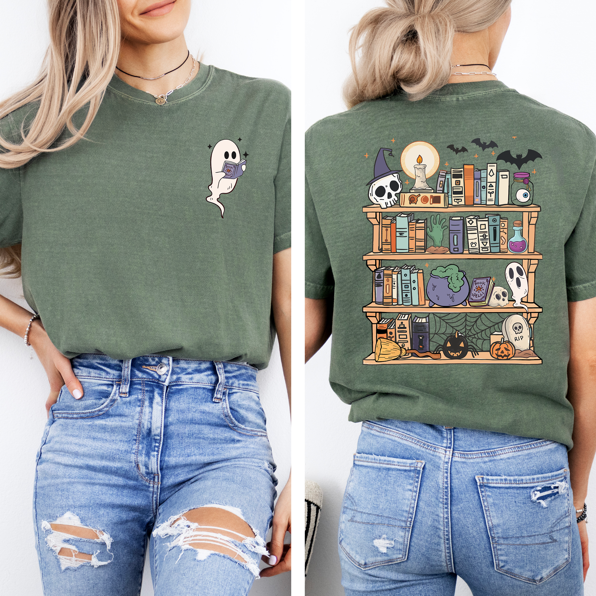 Reading Ghost Halloween Library Spooky Front Back Teacher Boo Comfort Colors Tee