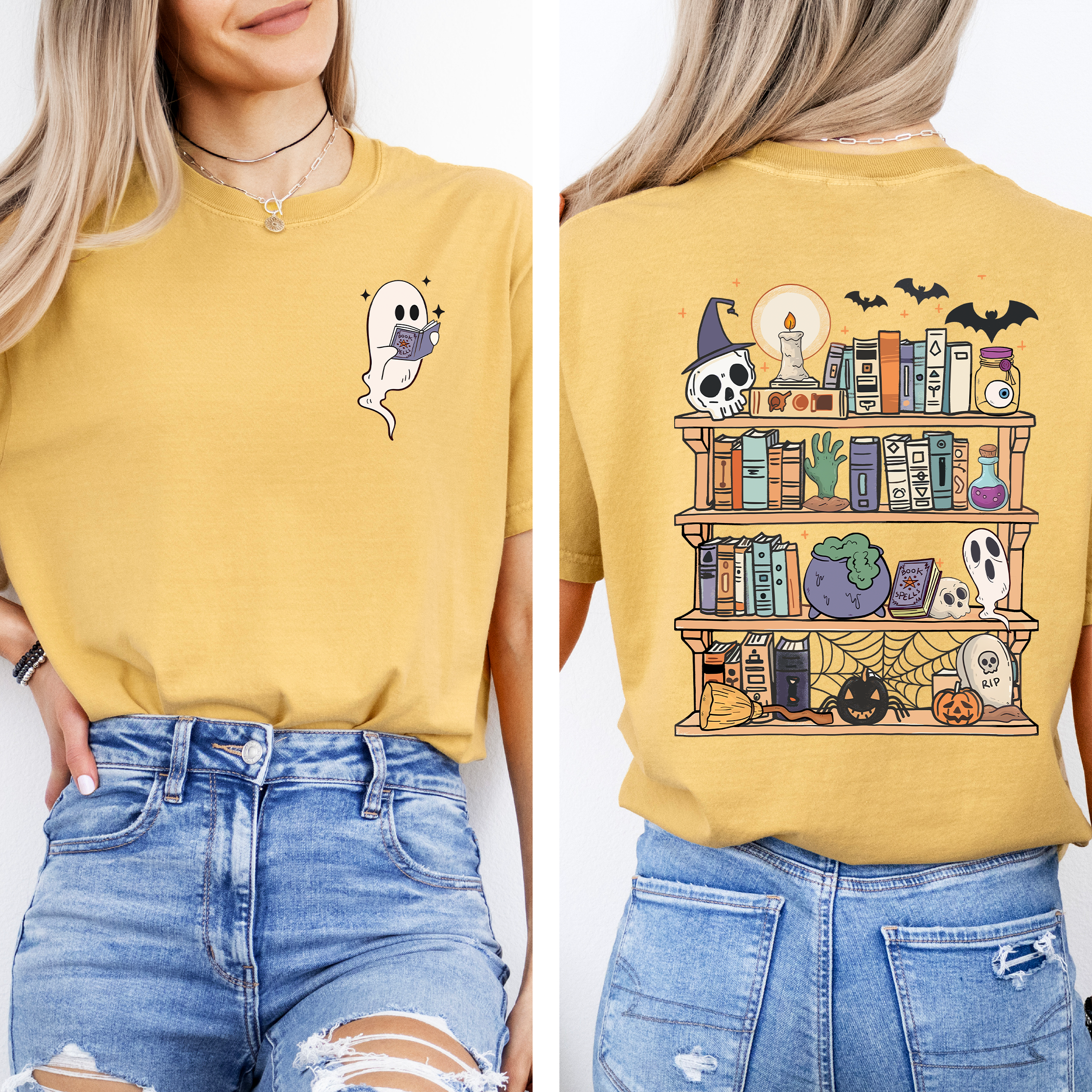 Reading Ghost Halloween Library Spooky Front Back Teacher Boo Comfort Colors Tee