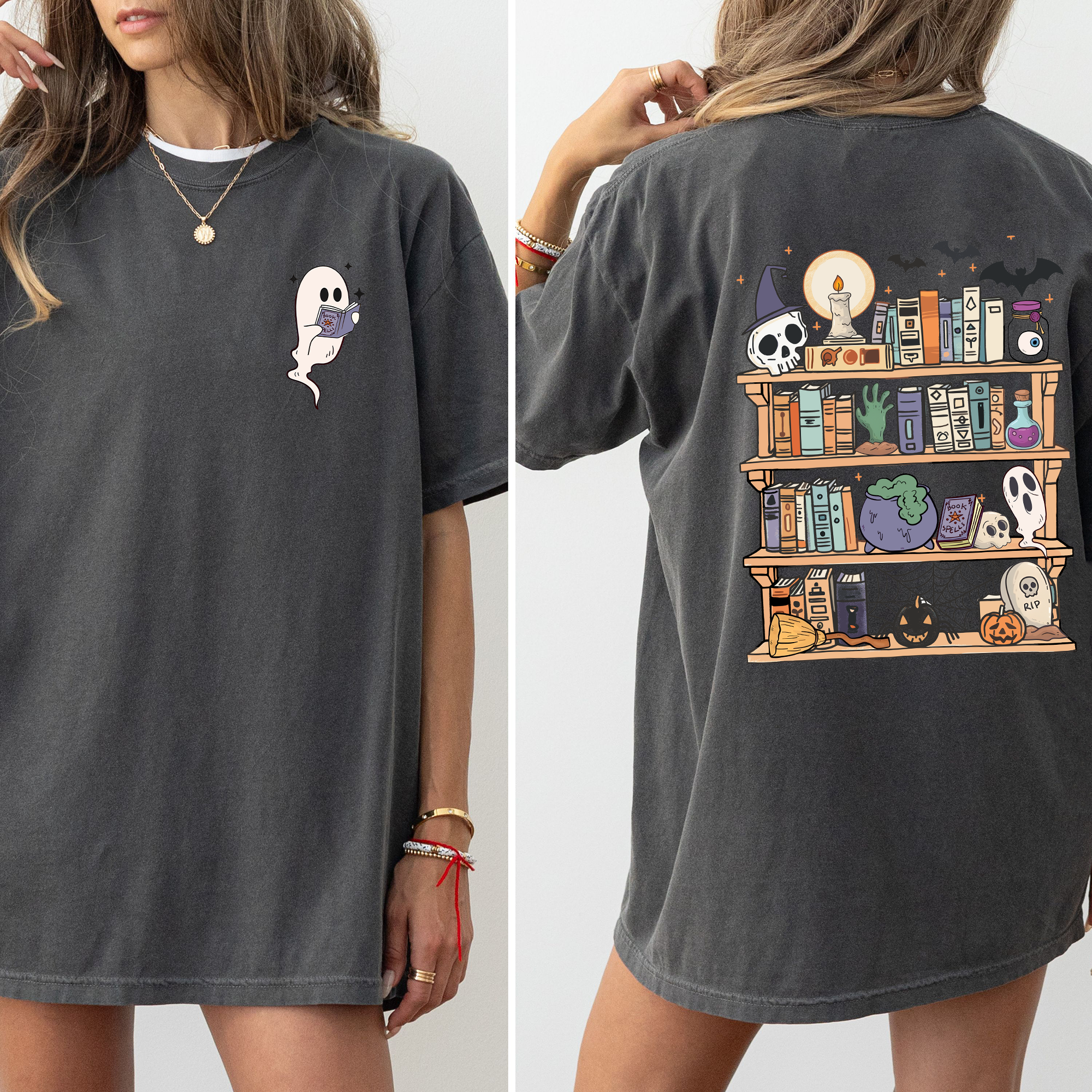 Reading Ghost Halloween Library Spooky Front Back Teacher Boo Comfort Colors Tee