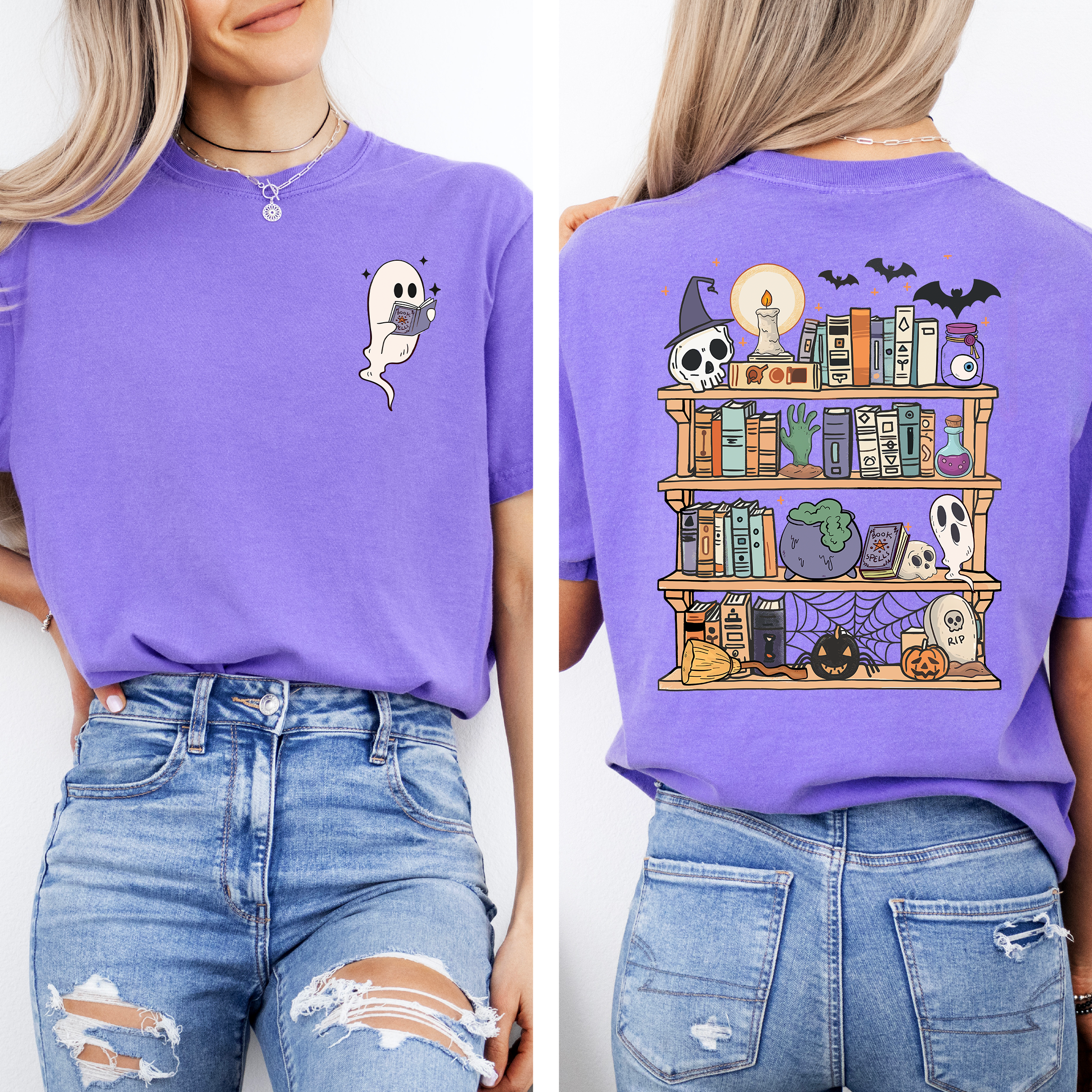 Reading Ghost Halloween Library Spooky Front Back Teacher Boo Comfort Colors Tee