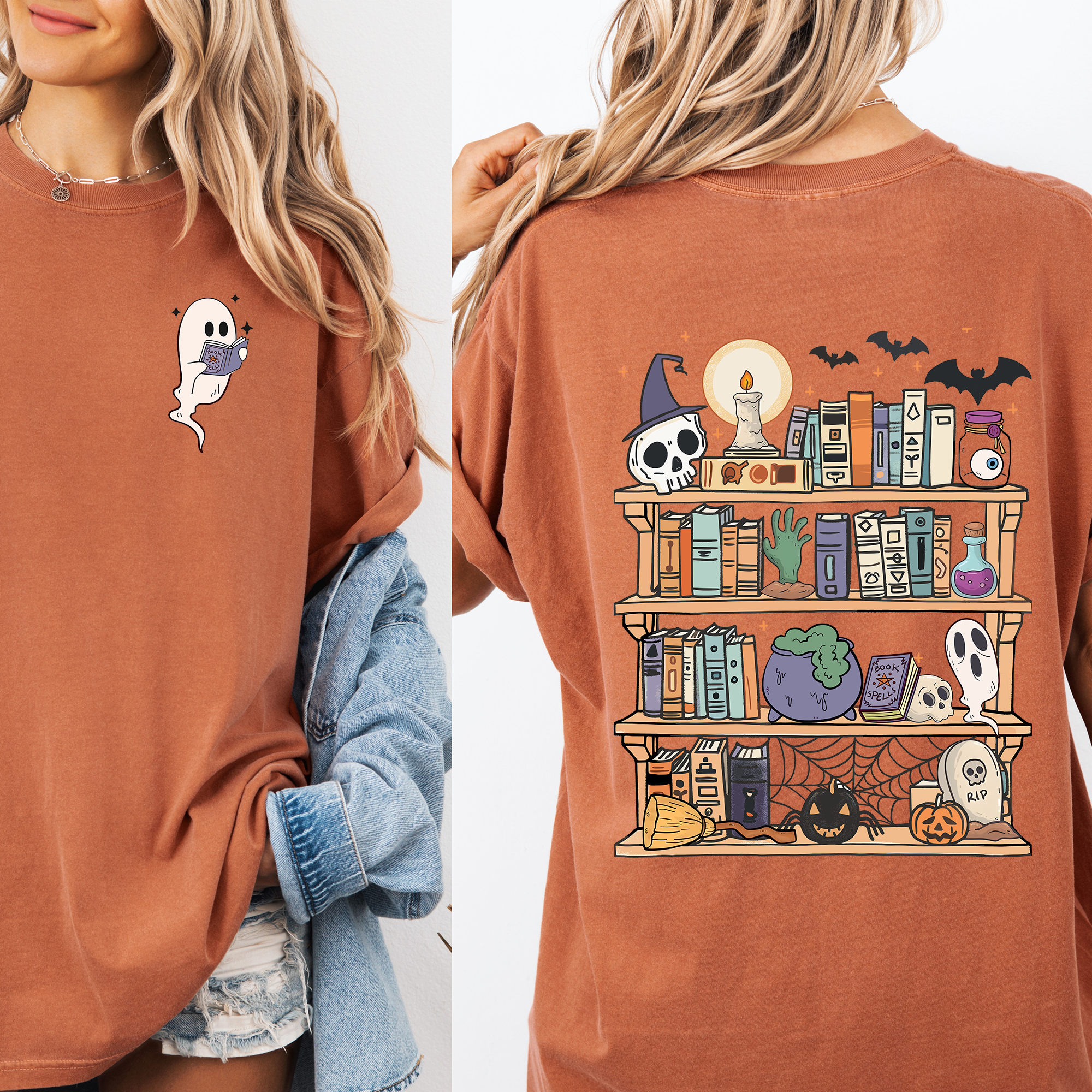 Reading Ghost Halloween Library Spooky Front Back Teacher Boo Comfort Colors Tee