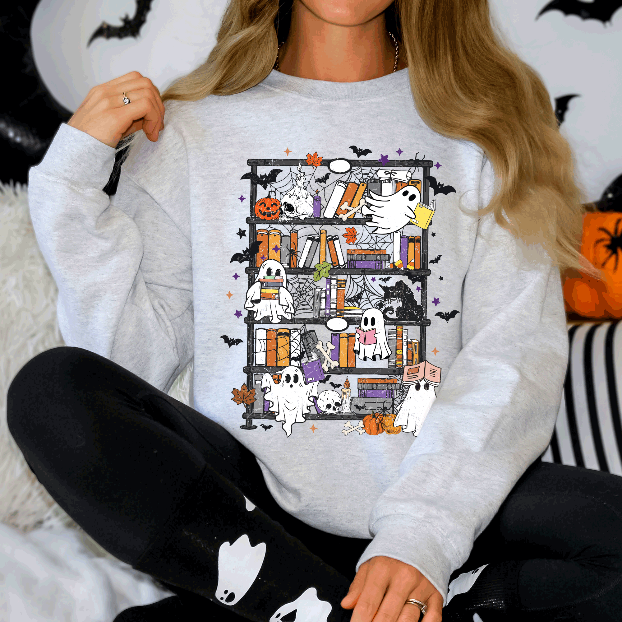 Reading Ghosts Bookish Library Spooky Halloween BookTok Cozy Seasonal Graphic Sweatshirt