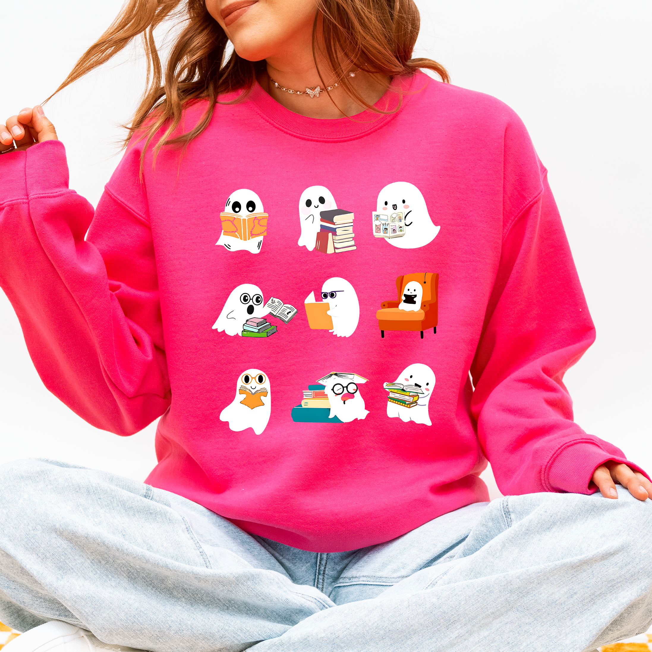 Reading Ghosts Halloween Library Books Cozy Night In Vintage Deluxe Graphic Sweatshirt