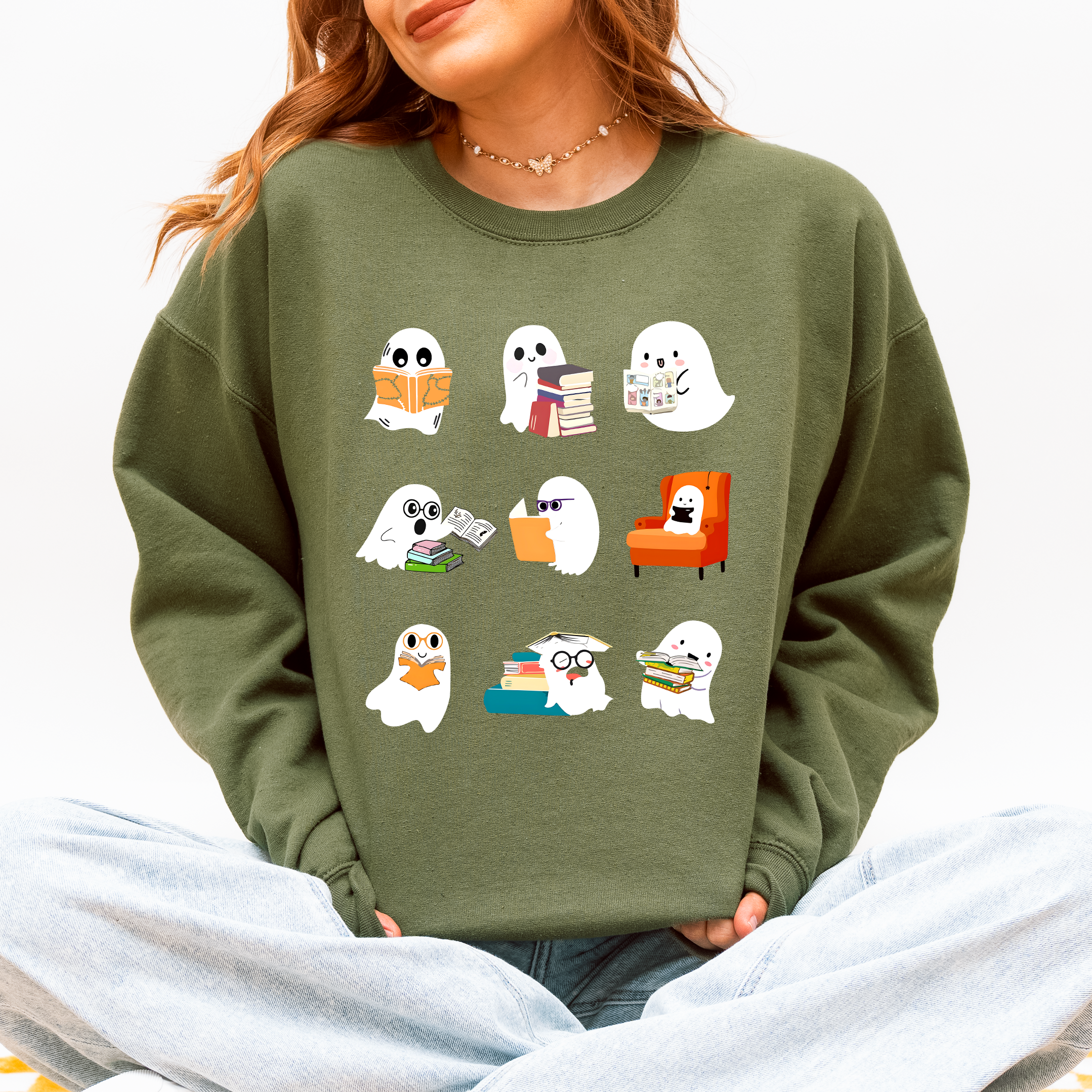 Reading Ghosts Halloween Library Books Cozy Night In Vintage Deluxe Graphic Sweatshirt