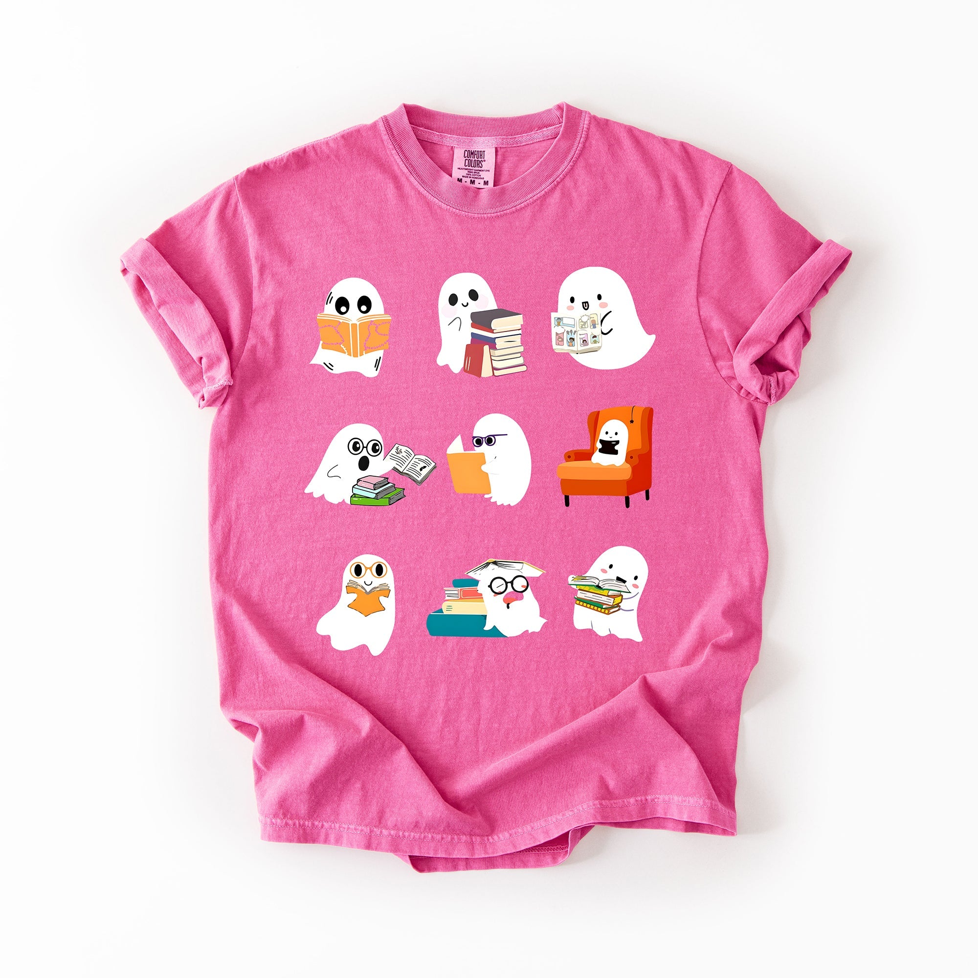 Reading Ghosts Halloween Library Books Scene Artwork Print Collection Comfort Colors Tee