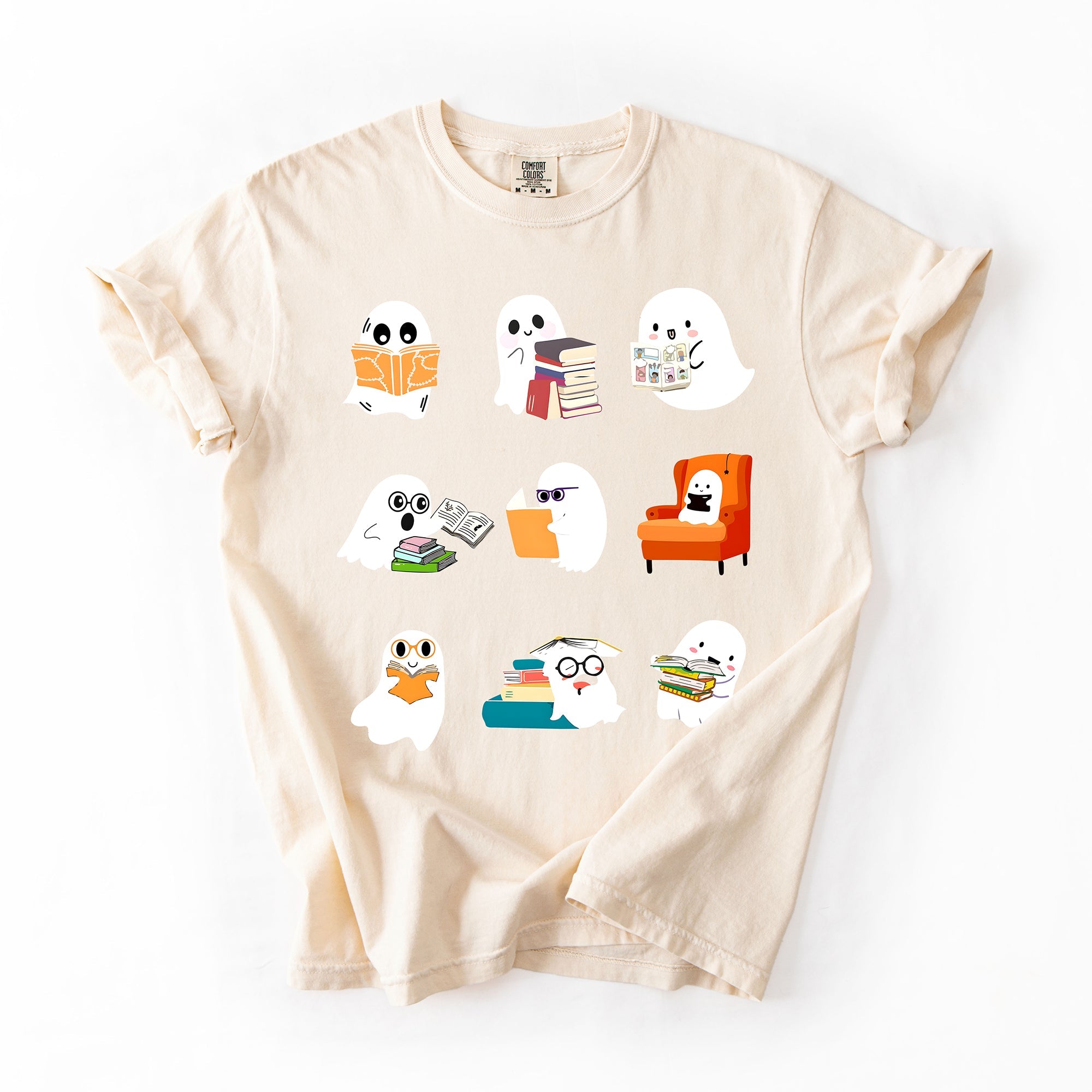 Reading Ghosts Halloween Library Books Scene Artwork Print Collection Comfort Colors Tee