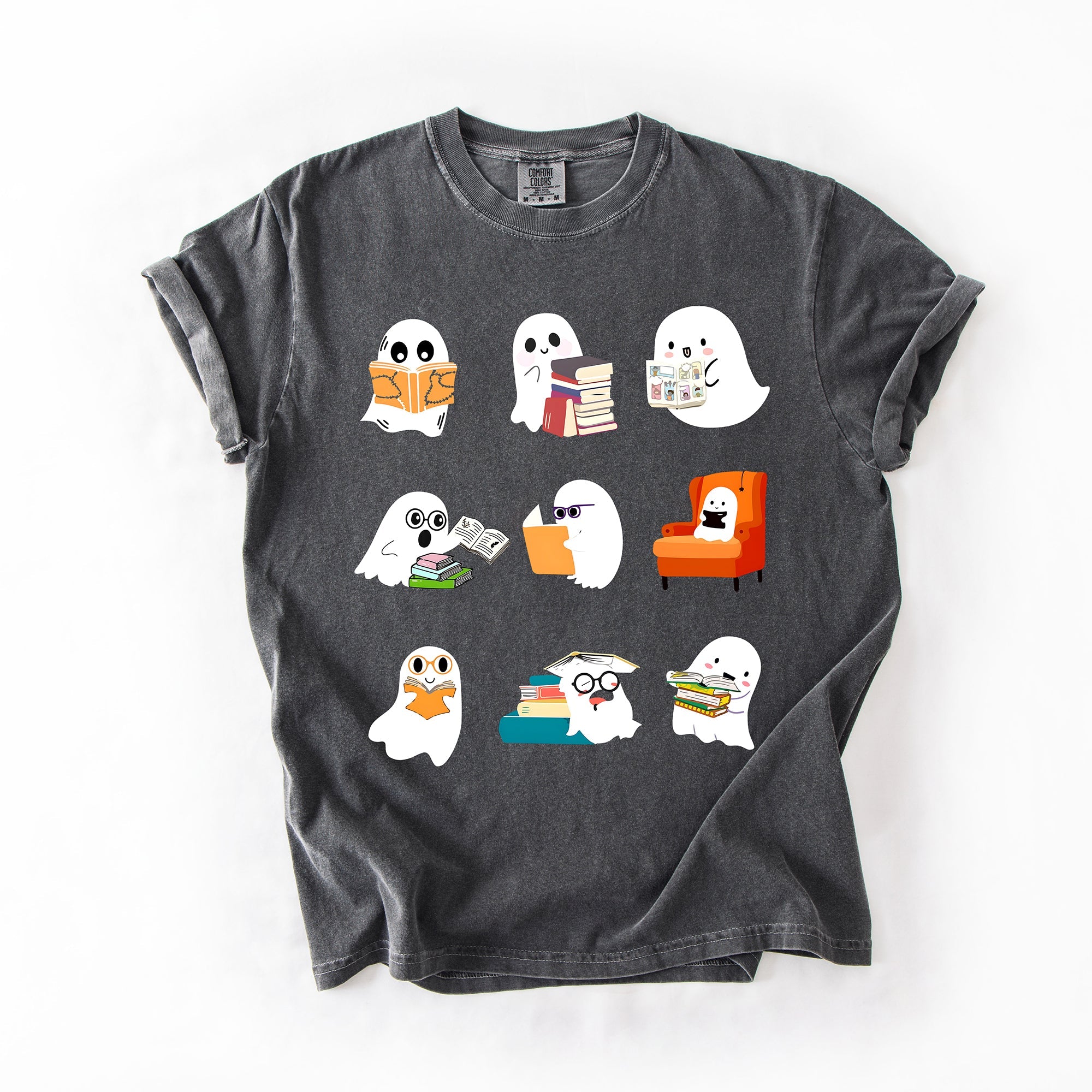 Reading Ghosts Halloween Library Books Scene Artwork Print Collection Comfort Colors Tee