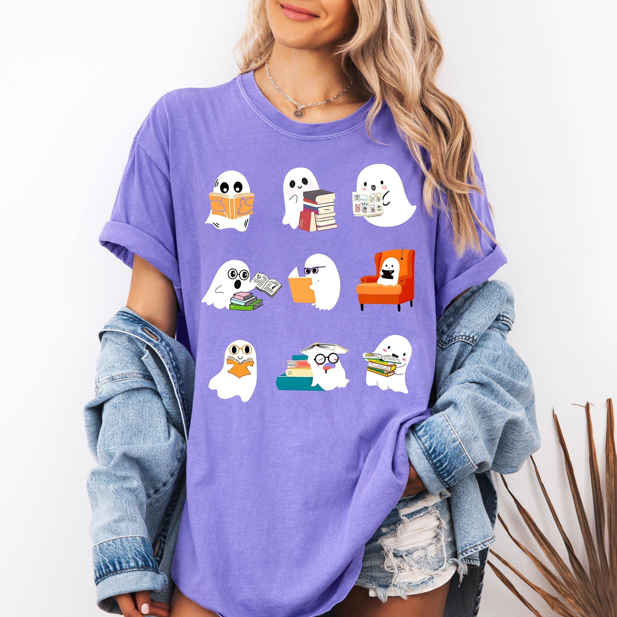 Reading Ghosts Halloween Library Books Scene Artwork Print Collection Comfort Colors Tee