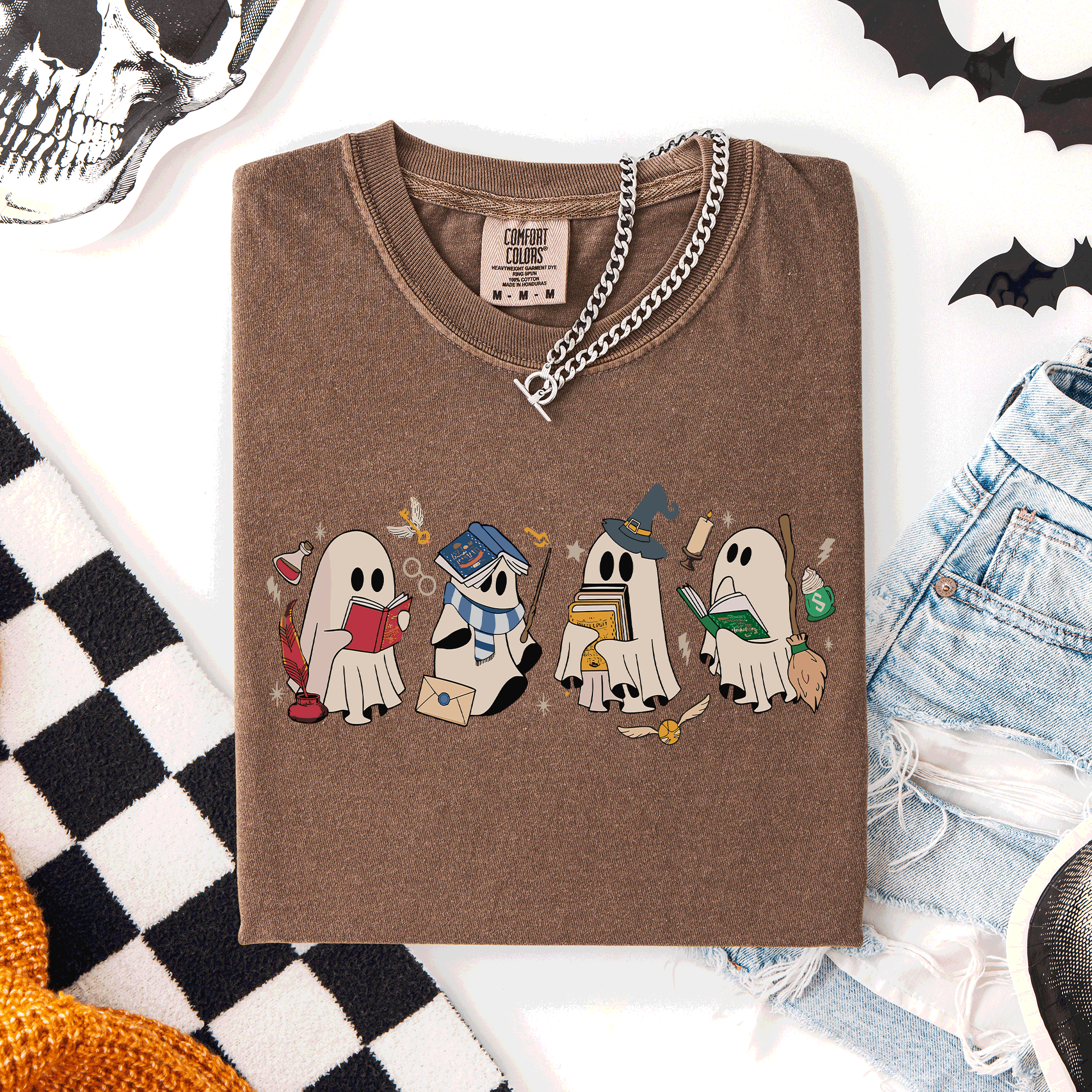 Reading Ghosts, Witches, Wizards Halloween Night Book Lovers Illustration Comfort Colors Tee