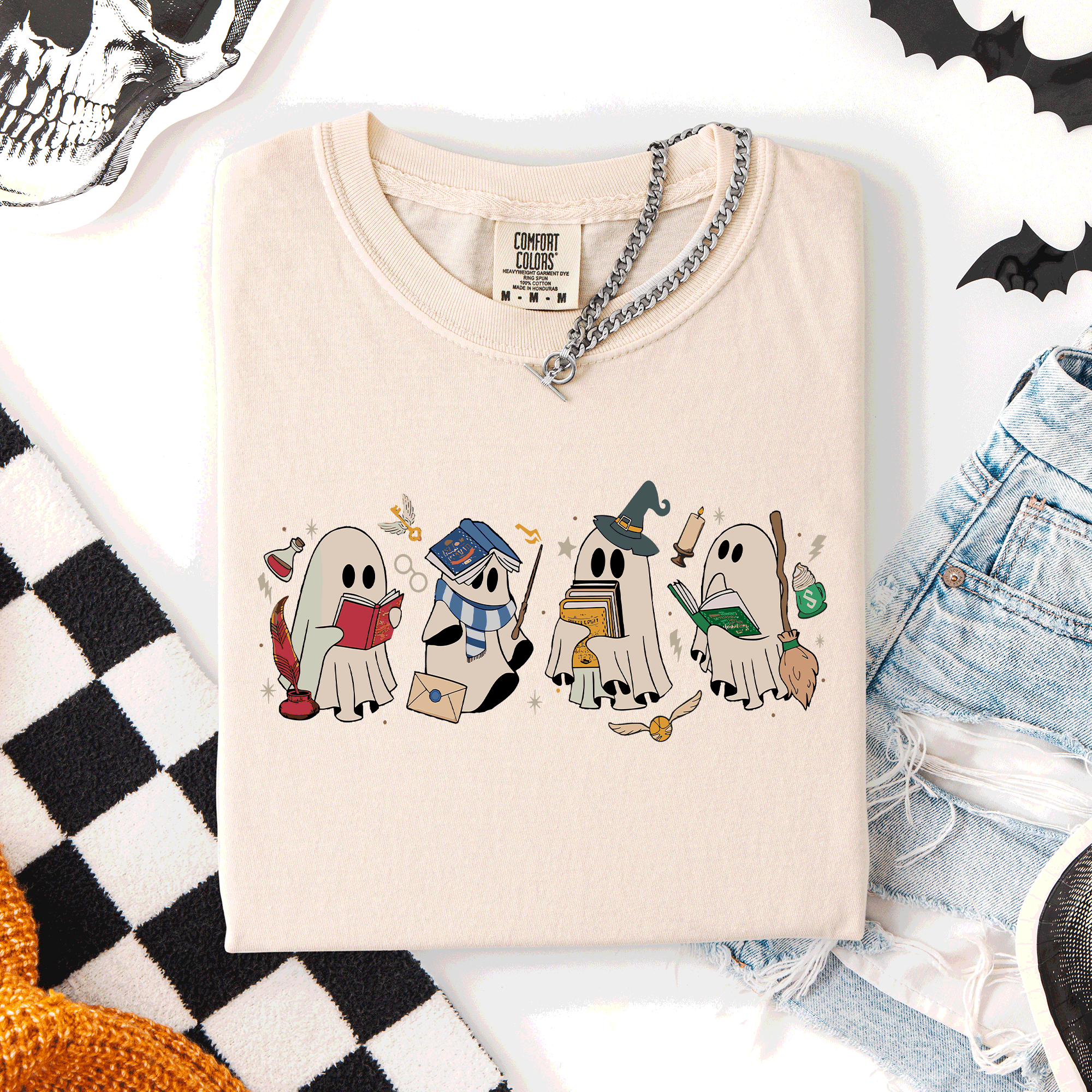 Reading Ghosts, Witches, Wizards Halloween Night Book Lovers Illustration Comfort Colors Tee
