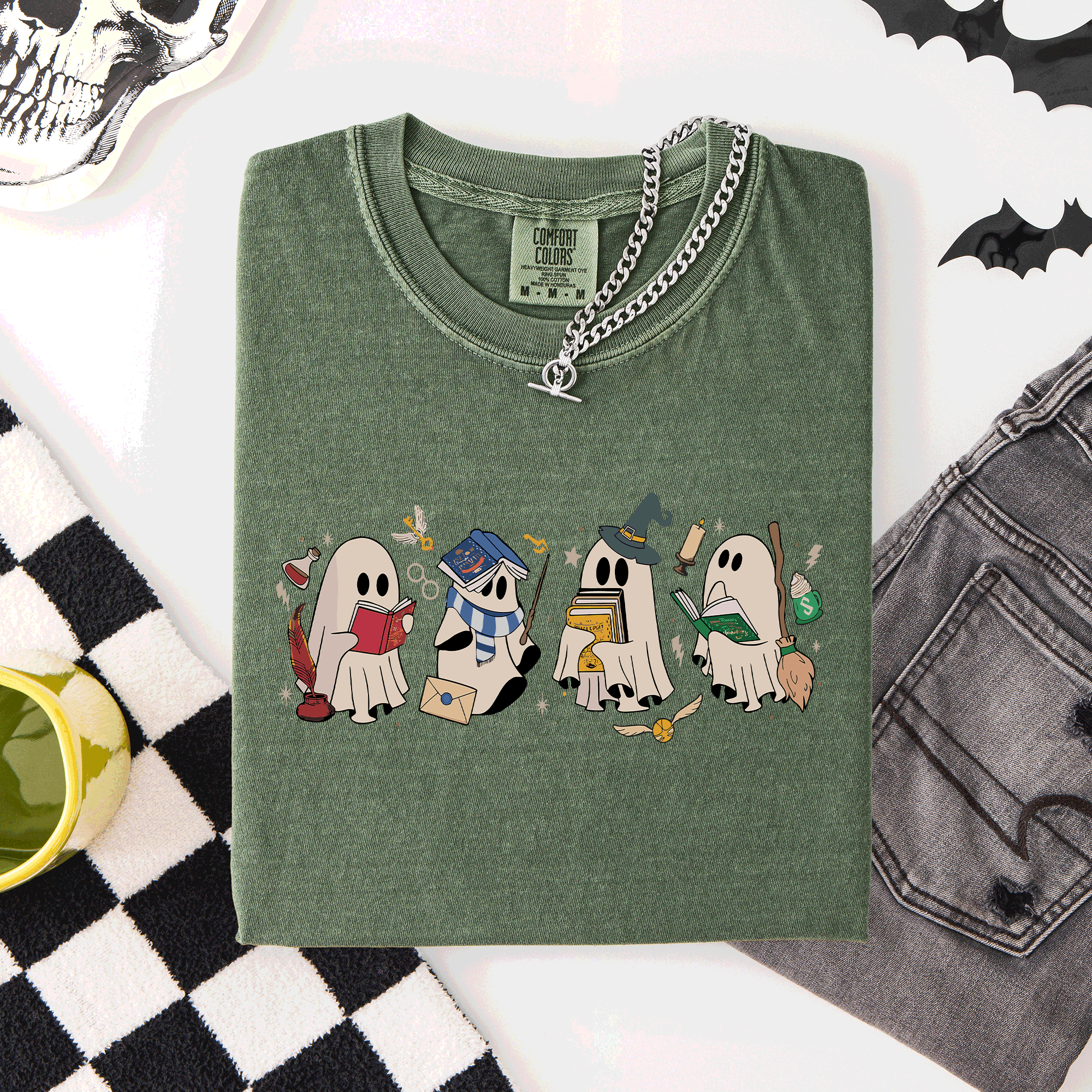 Reading Ghosts, Witches, Wizards Halloween Night Book Lovers Illustration Comfort Colors Tee
