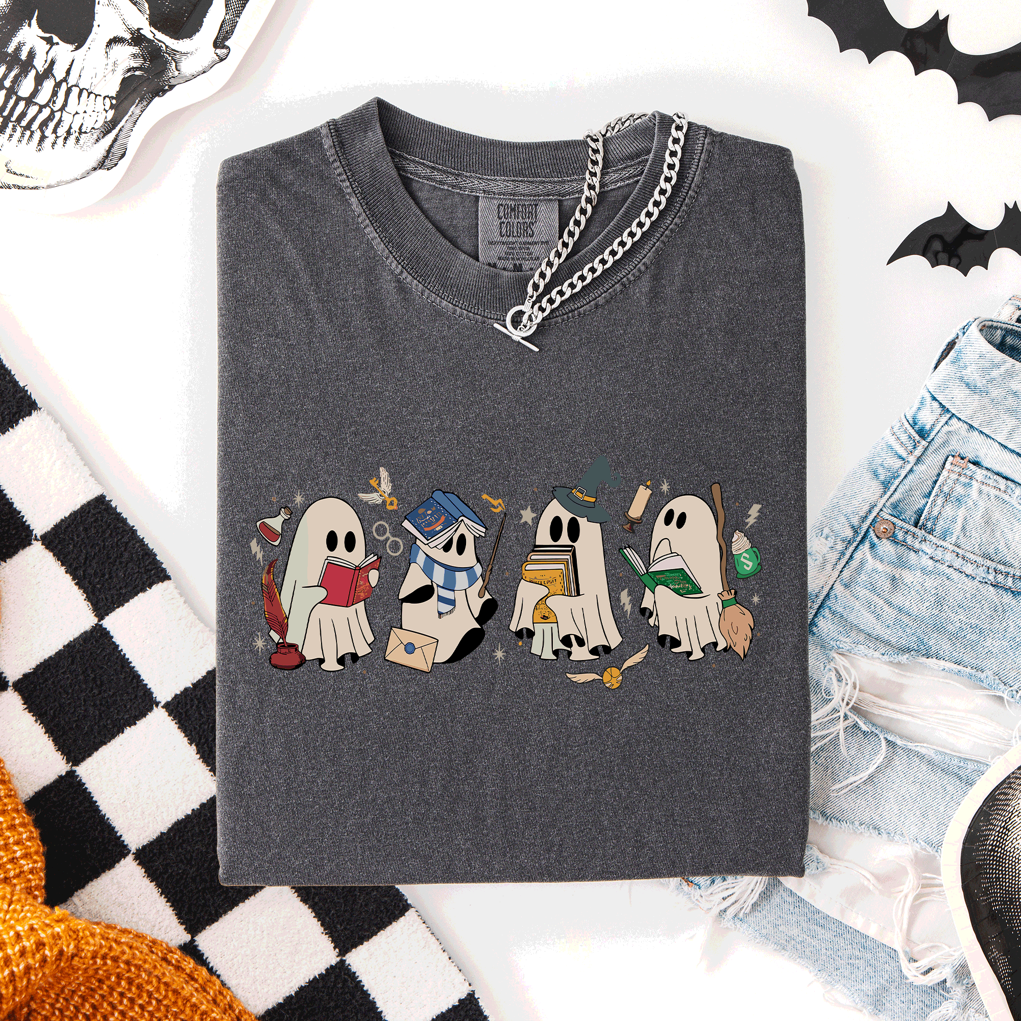 Reading Ghosts, Witches, Wizards Halloween Night Book Lovers Illustration Comfort Colors Tee