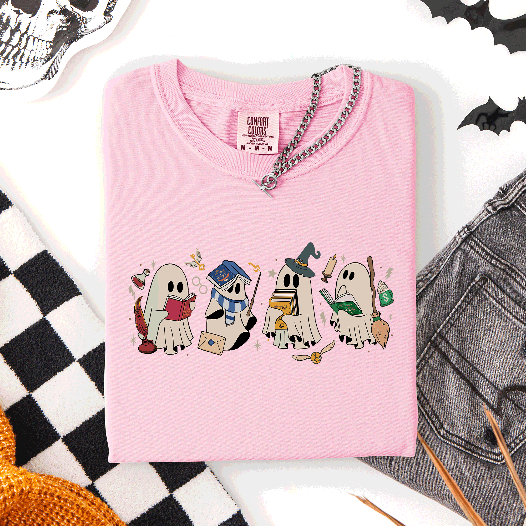 Reading Ghosts, Witches, Wizards Halloween Night Book Lovers Illustration Comfort Colors Tee