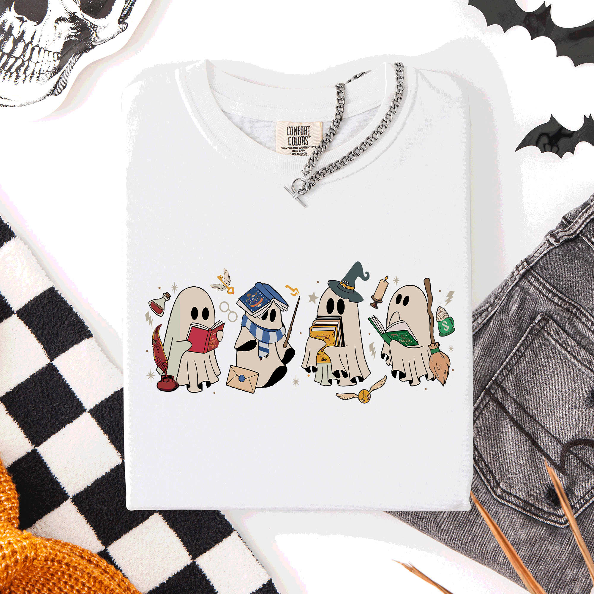 Reading Ghosts, Witches, Wizards Halloween Night Book Lovers Illustration Comfort Colors Tee