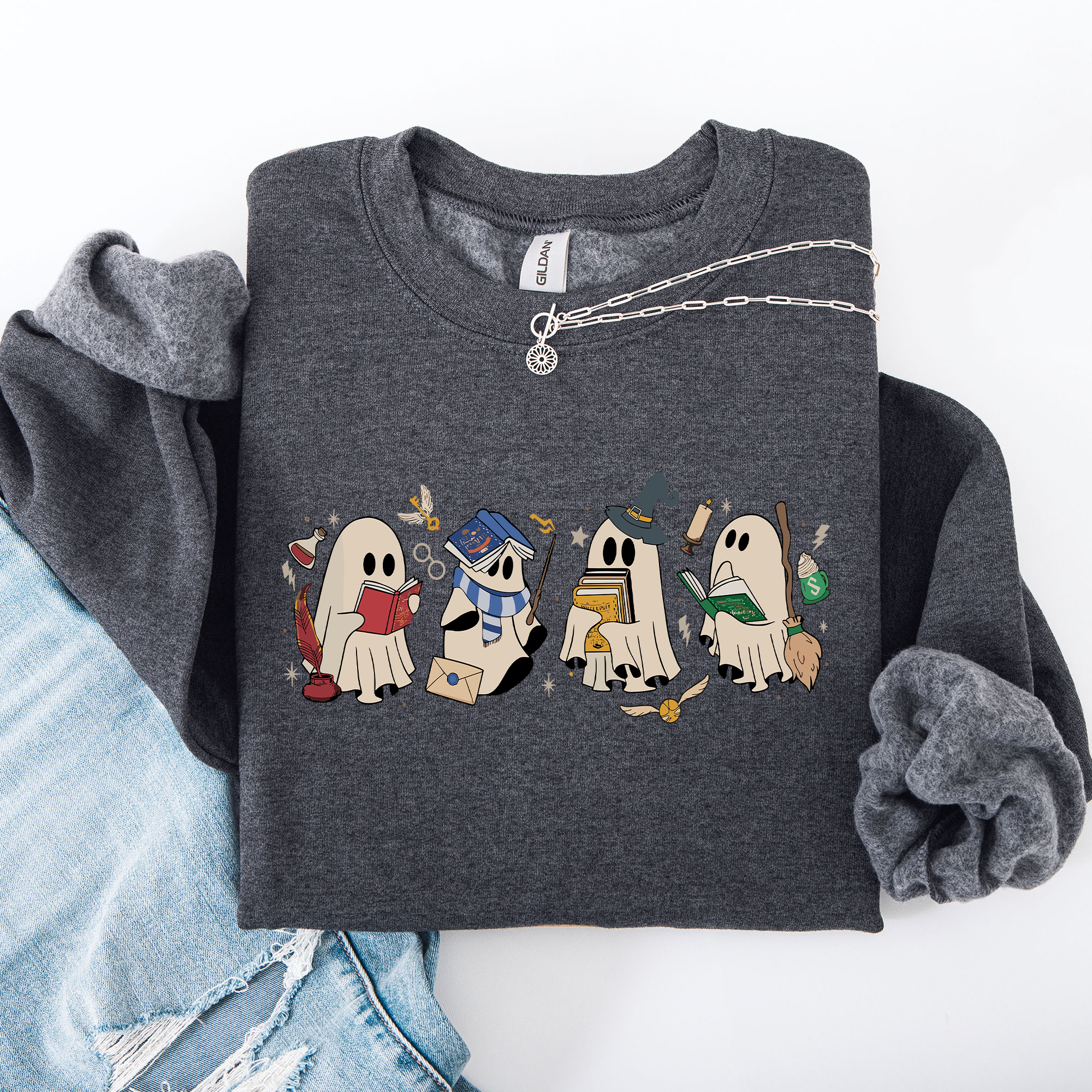 Reading Ghosts, Witches, Wizards, Halloween Graphic Sweatshirt