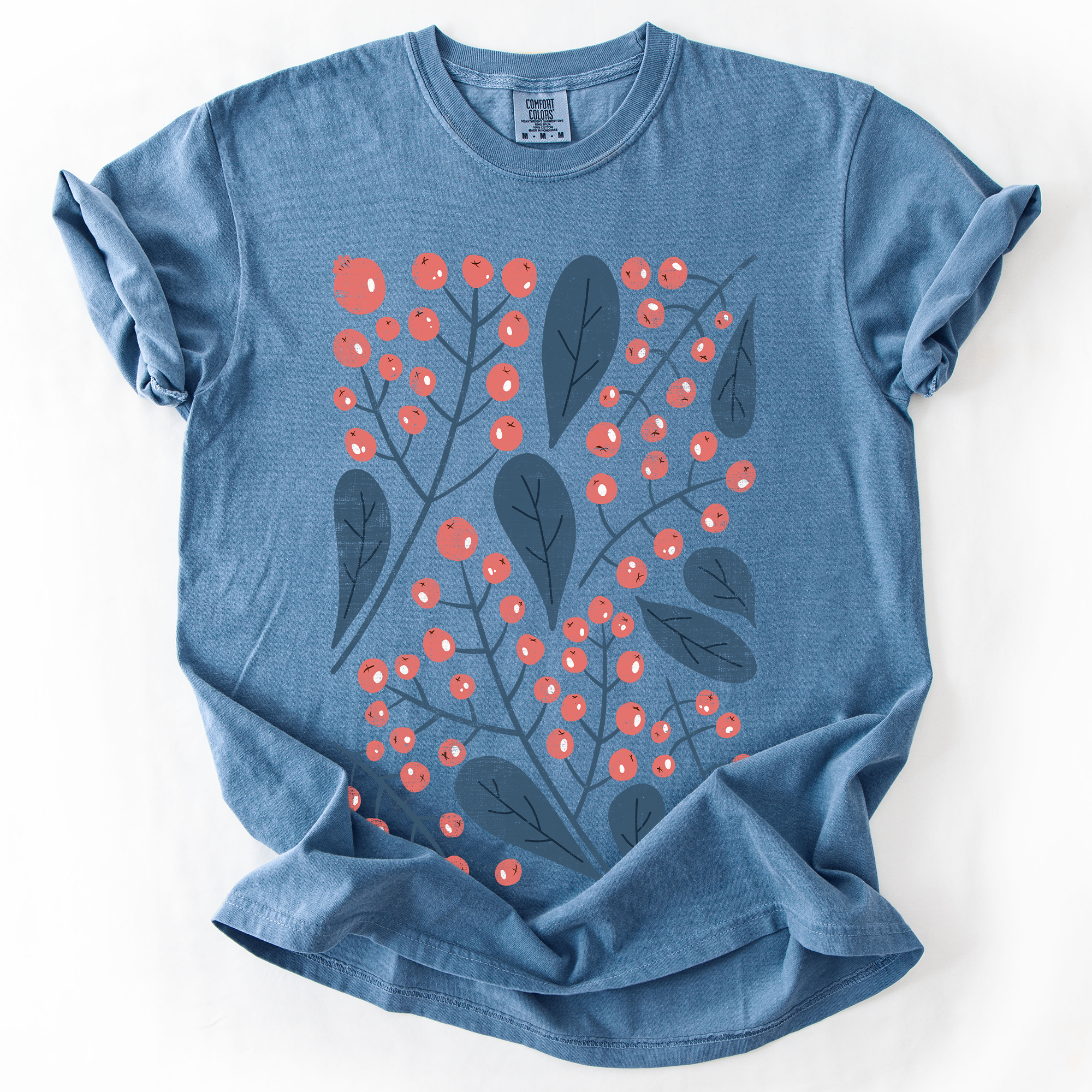 Red Berry And Leaf Botanical Vintage Boho Watercolor Nature Print Comfort Colors Tee