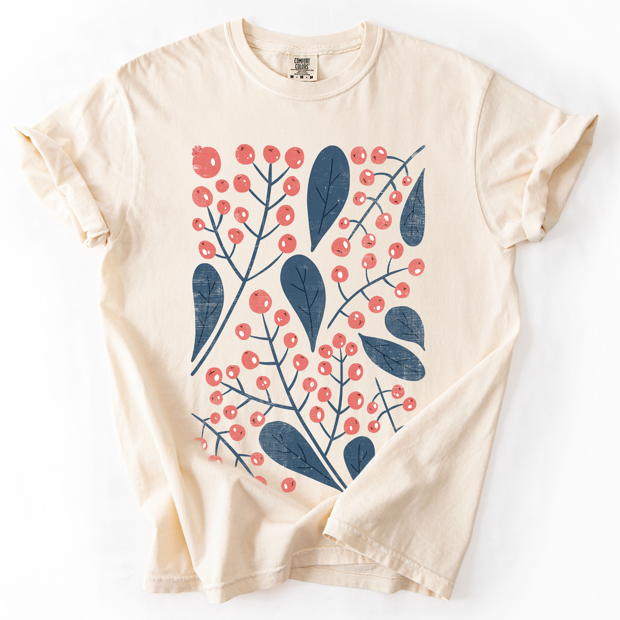 Red Berry And Leaf Botanical Vintage Boho Watercolor Nature Print Comfort Colors Tee