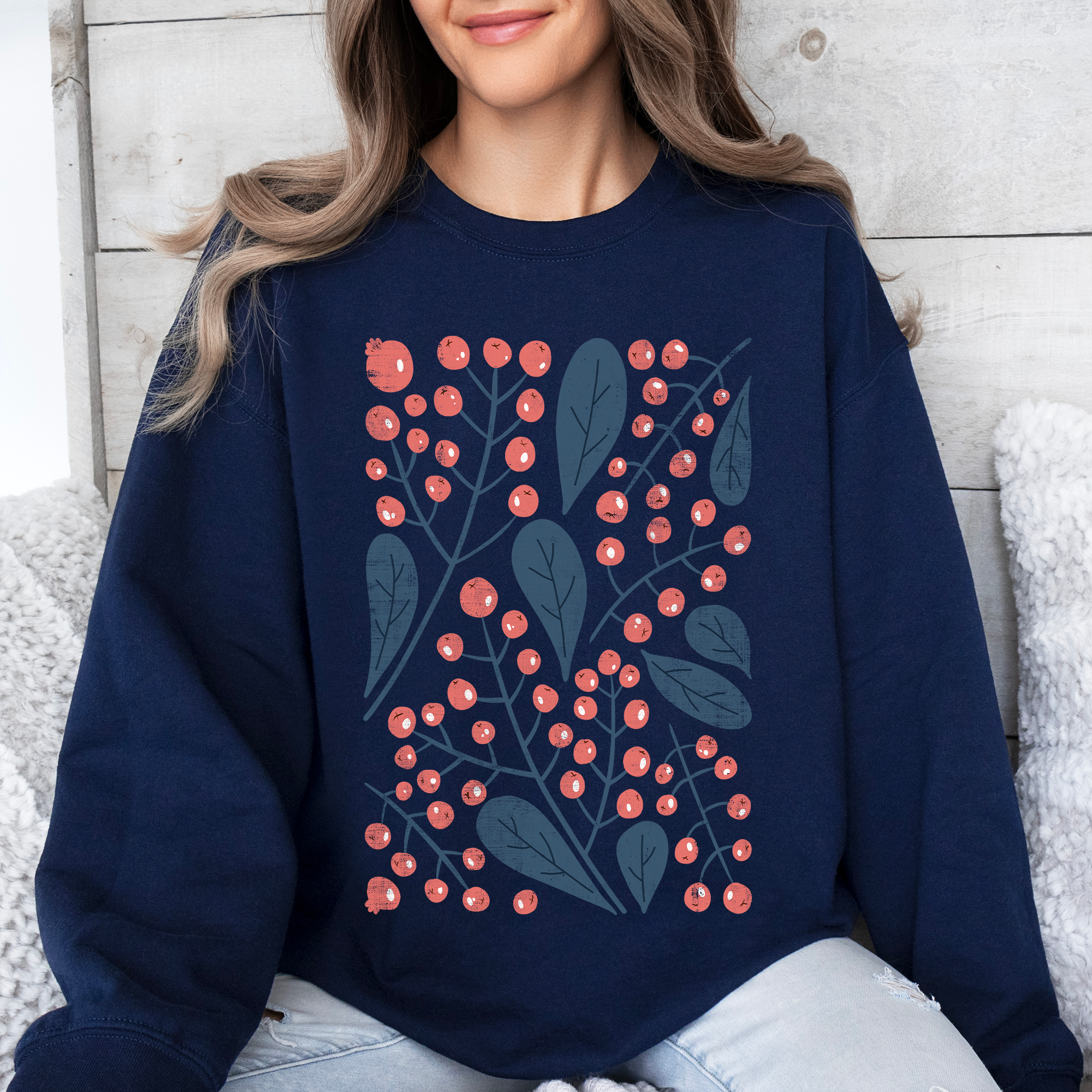 Red Berry And Leaf Botanical Vintage Boho Nature Inspired Cozy Autumn Sweatshirt