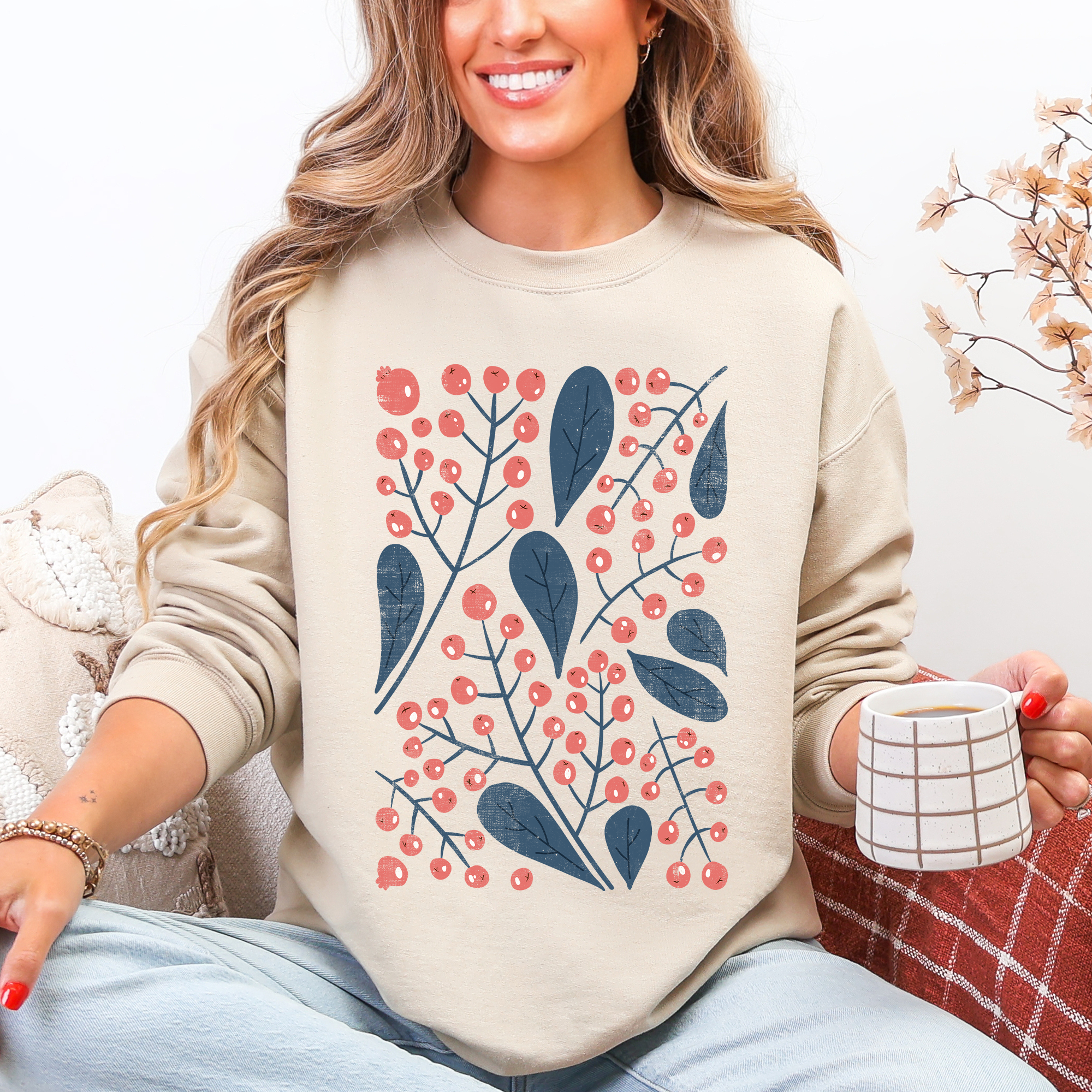 Red Berry And Leaf Botanical Vintage Boho Nature Inspired Cozy Autumn Sweatshirt