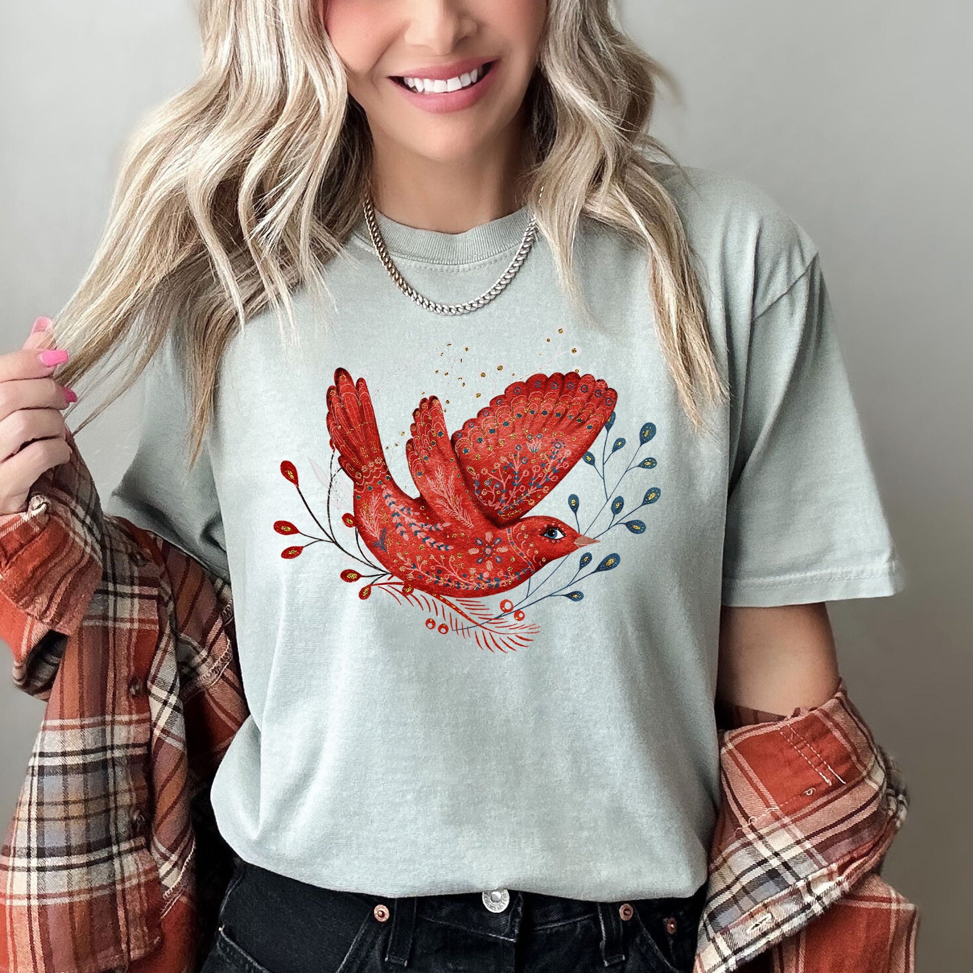 Red Bird Folk Art Scandinavian Winter Christmas Scene Vintage Comfort Colors Tee