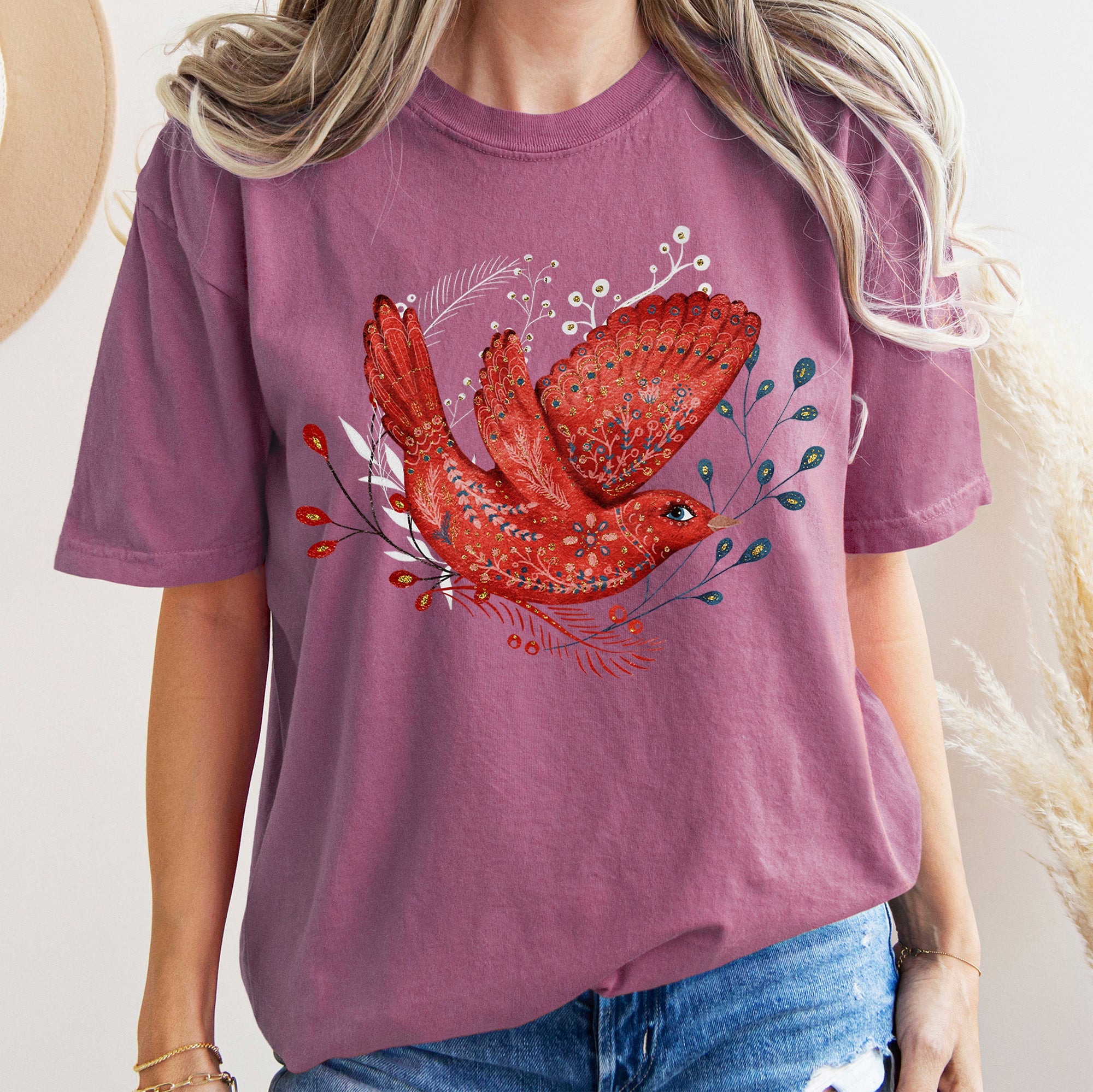 Red Bird Folk Art Scandinavian Winter Christmas Scene Vintage Comfort Colors Tee