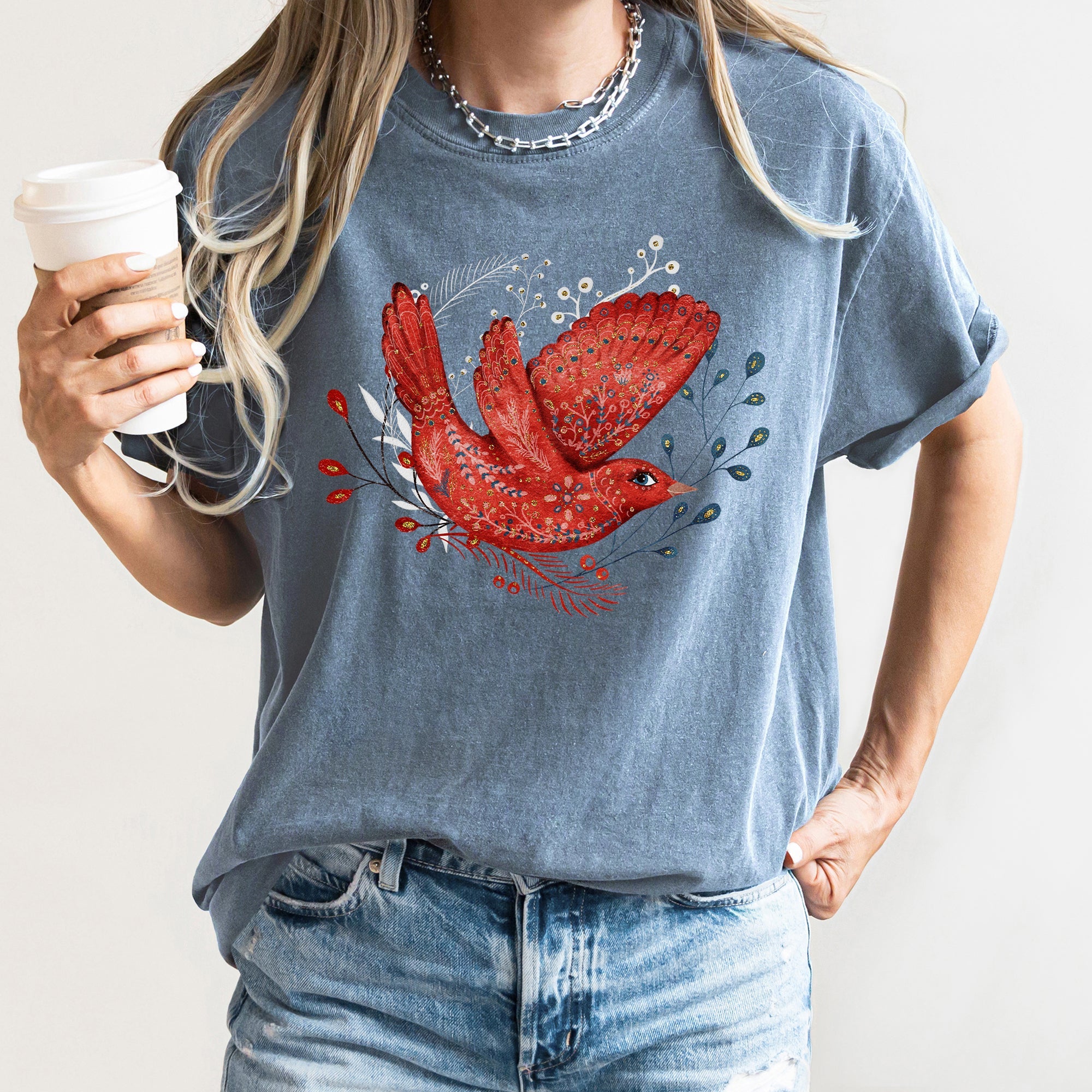 Red Bird Folk Art Scandinavian Winter Christmas Scene Vintage Comfort Colors Tee