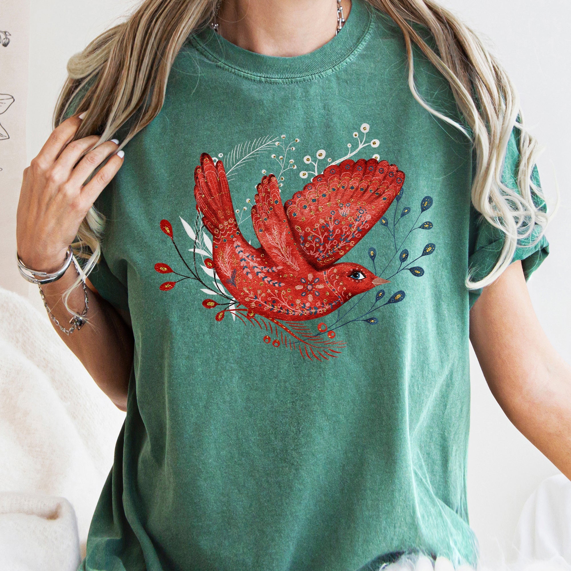 Red Bird Folk Art Scandinavian Winter Christmas Scene Vintage Comfort Colors Tee