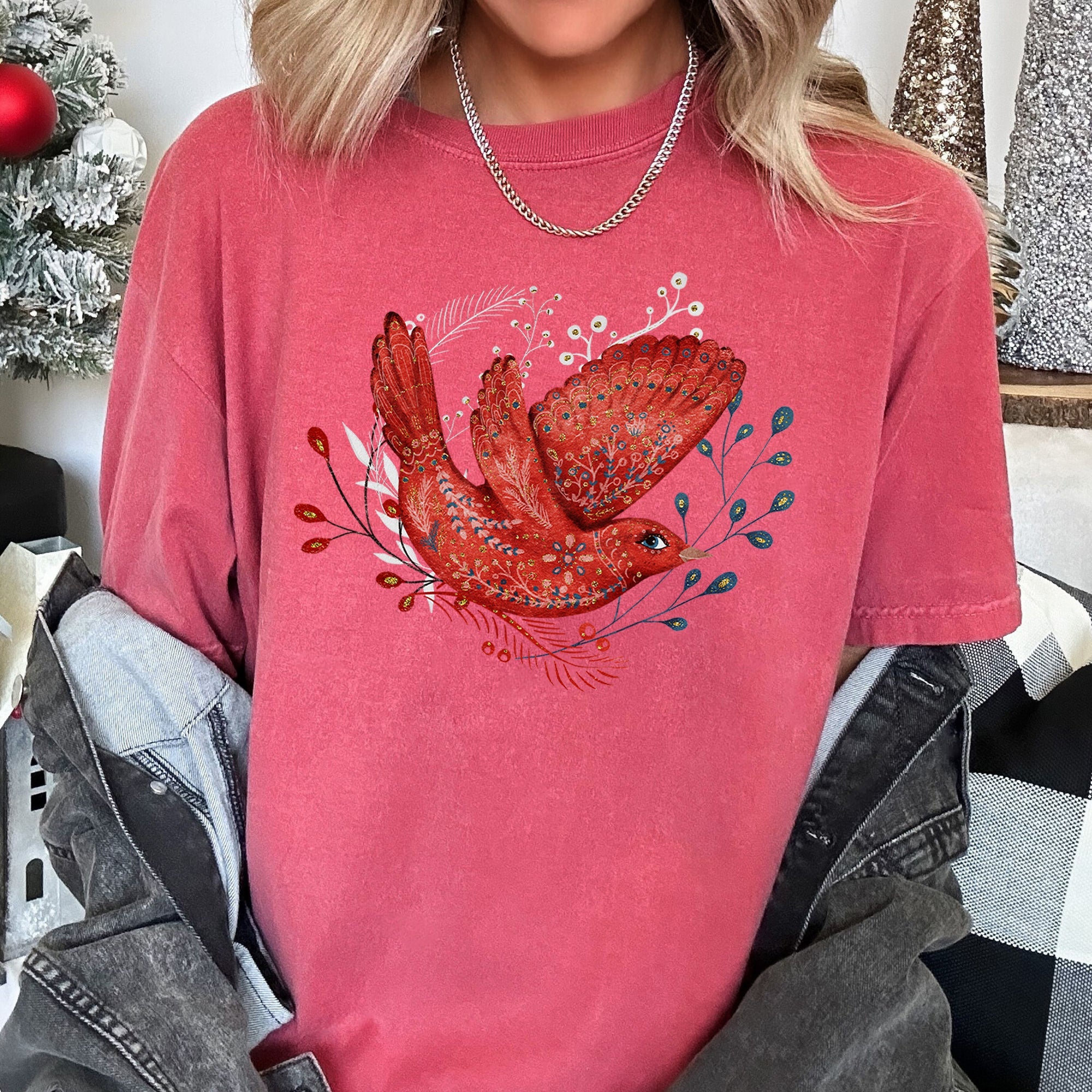 Red Bird Folk Art Scandinavian Winter Christmas Scene Vintage Comfort Colors Tee