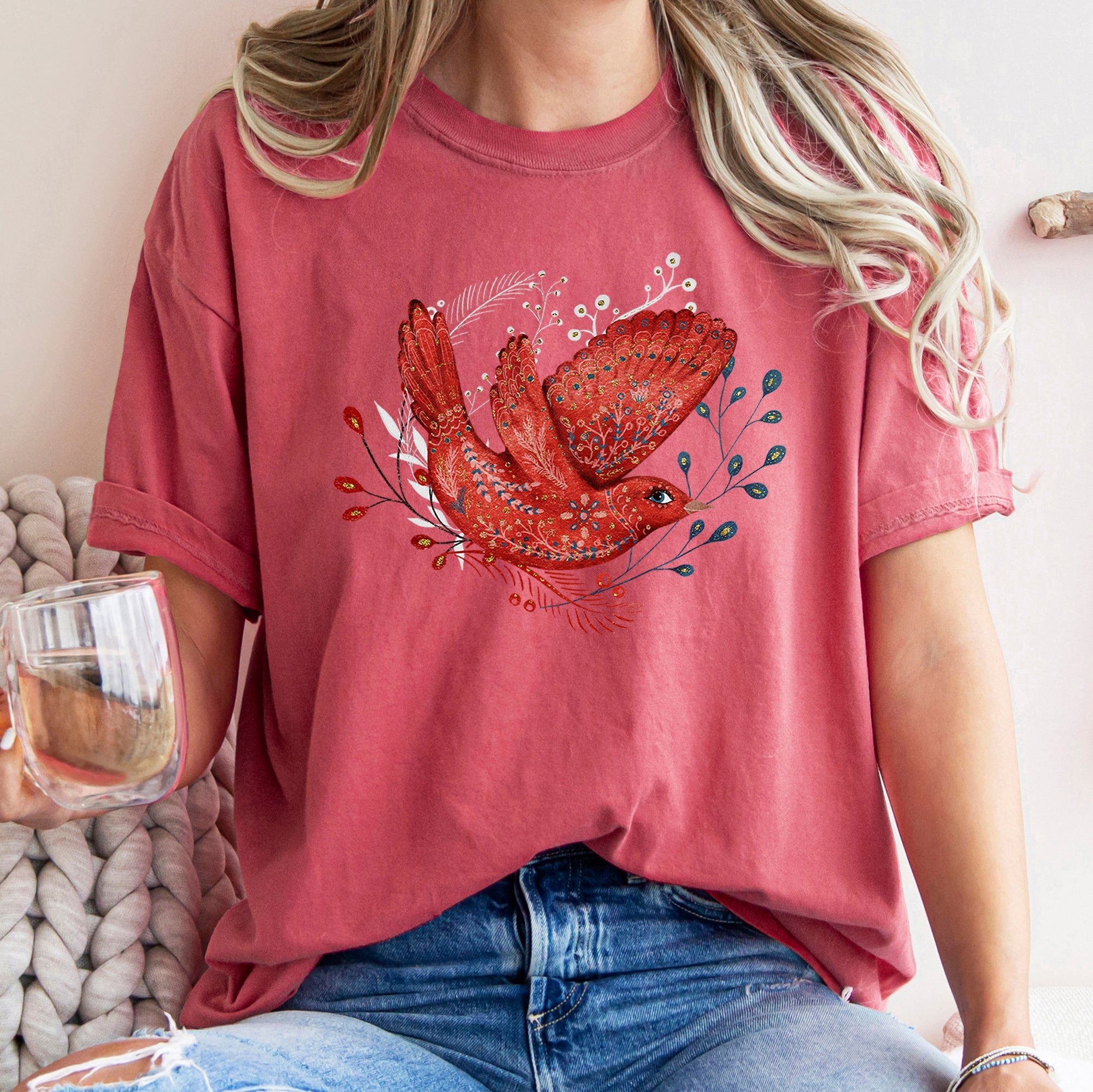 Red Bird Folk Art Scandinavian Winter Christmas Scene Vintage Comfort Colors Tee