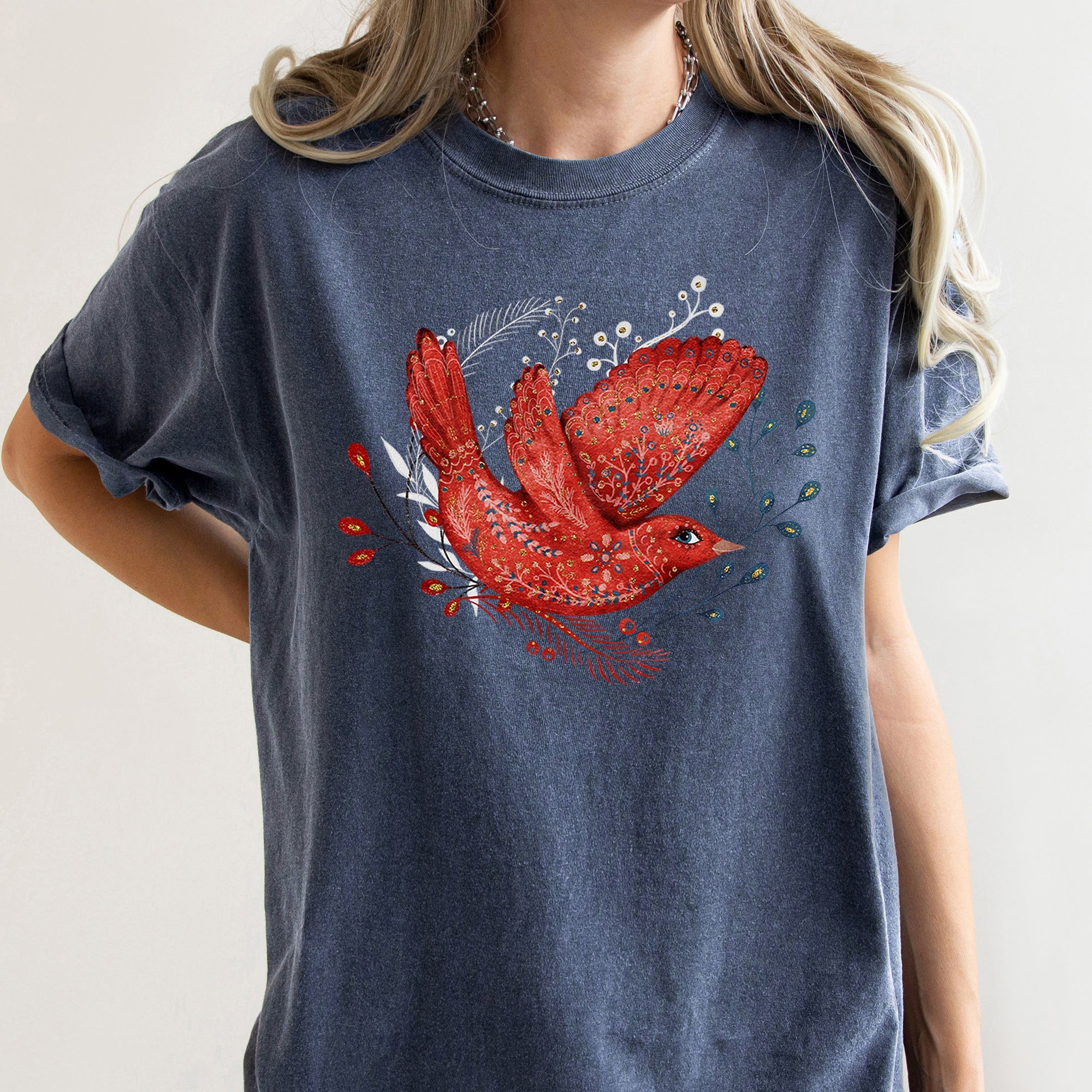 Red Bird Folk Art Scandinavian Winter Christmas Scene Vintage Comfort Colors Tee