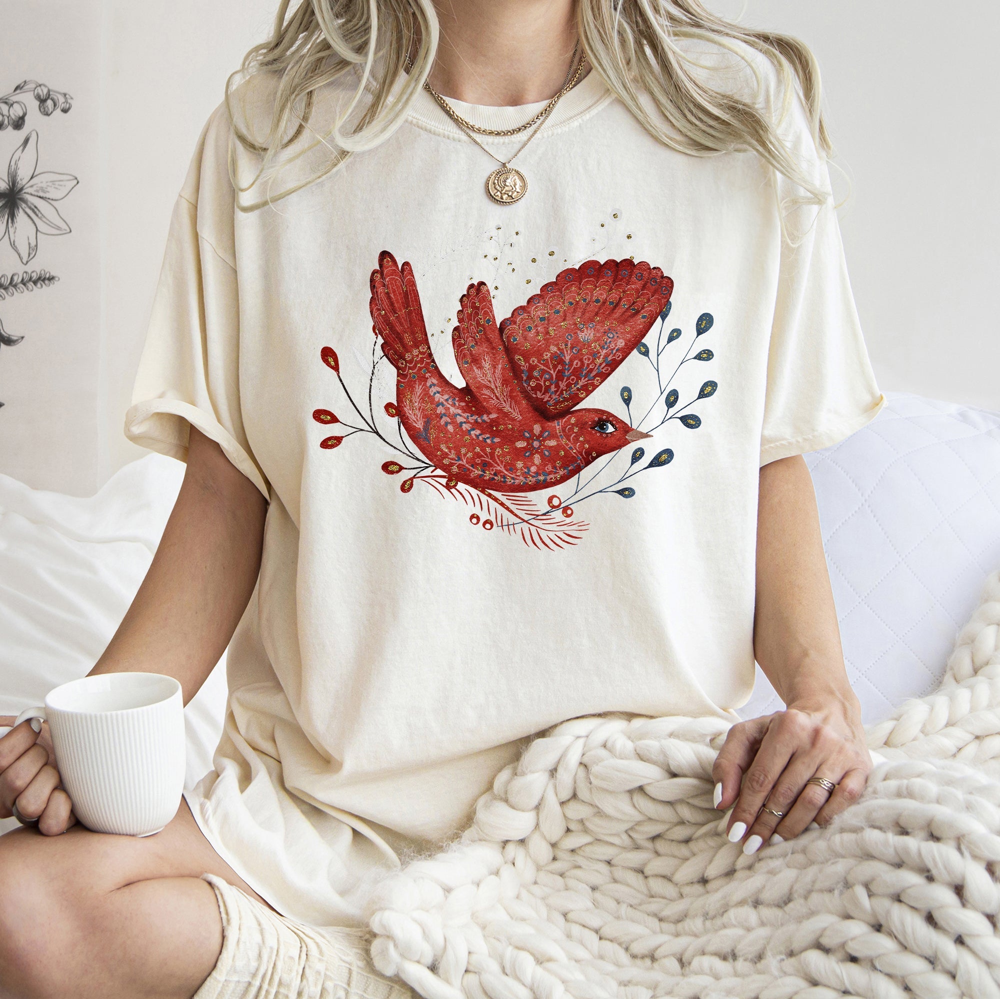 Red Bird Folk Art Scandinavian Winter Christmas Scene Vintage Comfort Colors Tee