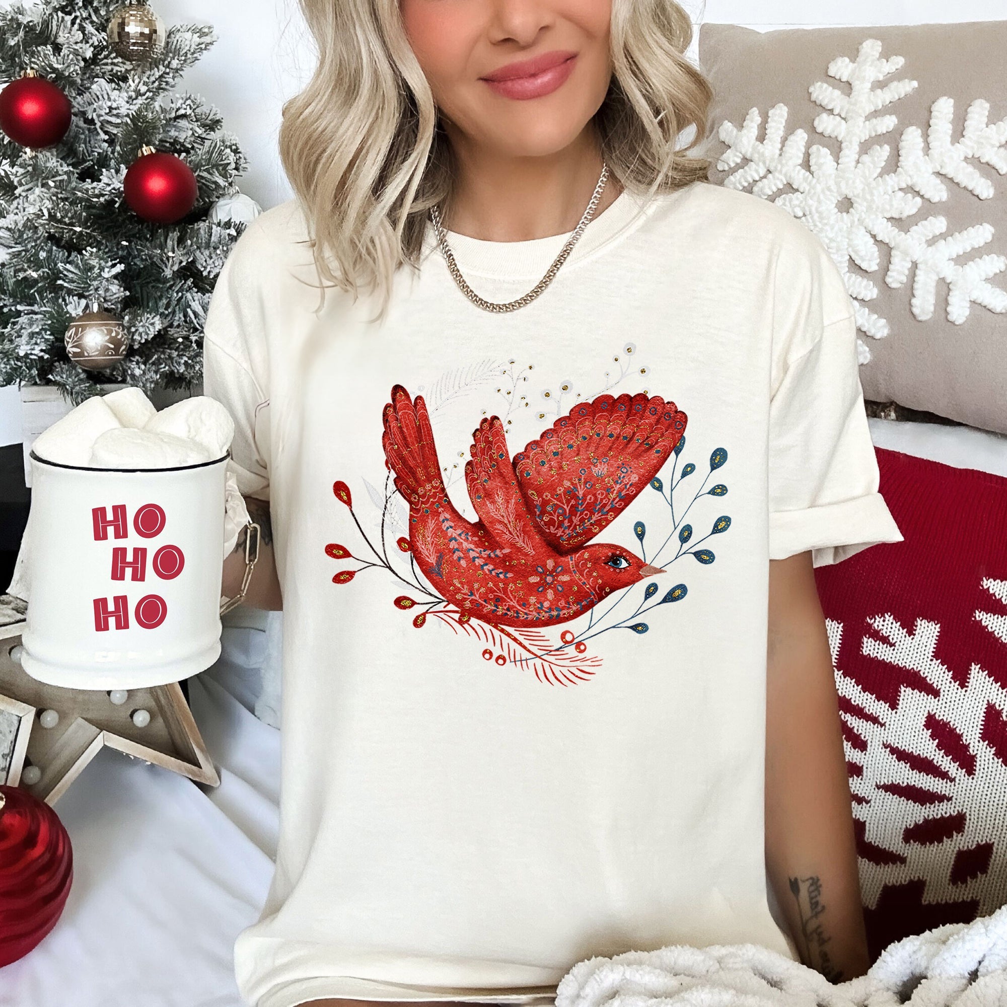Red Bird Folk Art Scandinavian Winter Christmas Scene Vintage Comfort Colors Tee