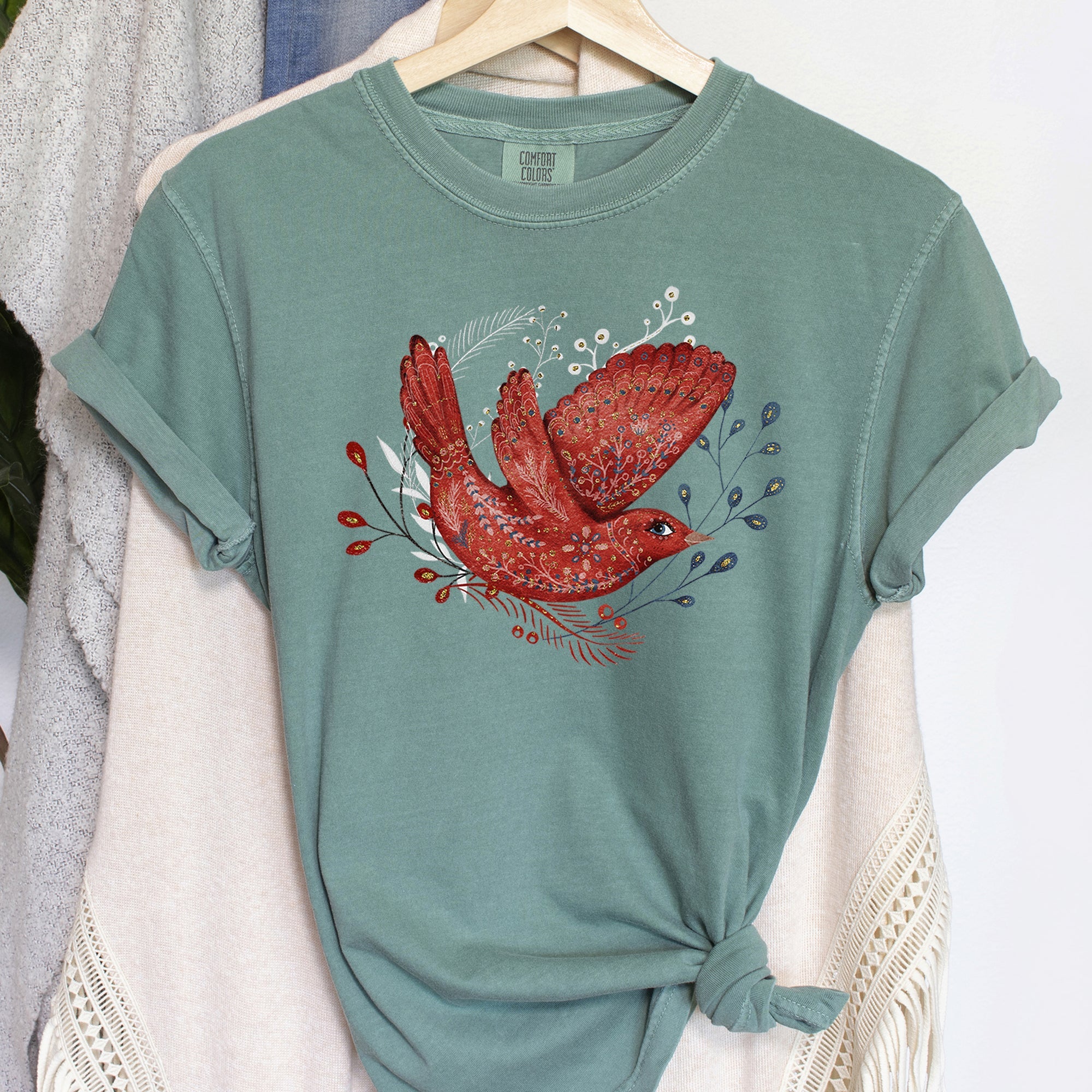 Red Bird Folk Art Scandinavian Winter Christmas Scene Vintage Comfort Colors Tee