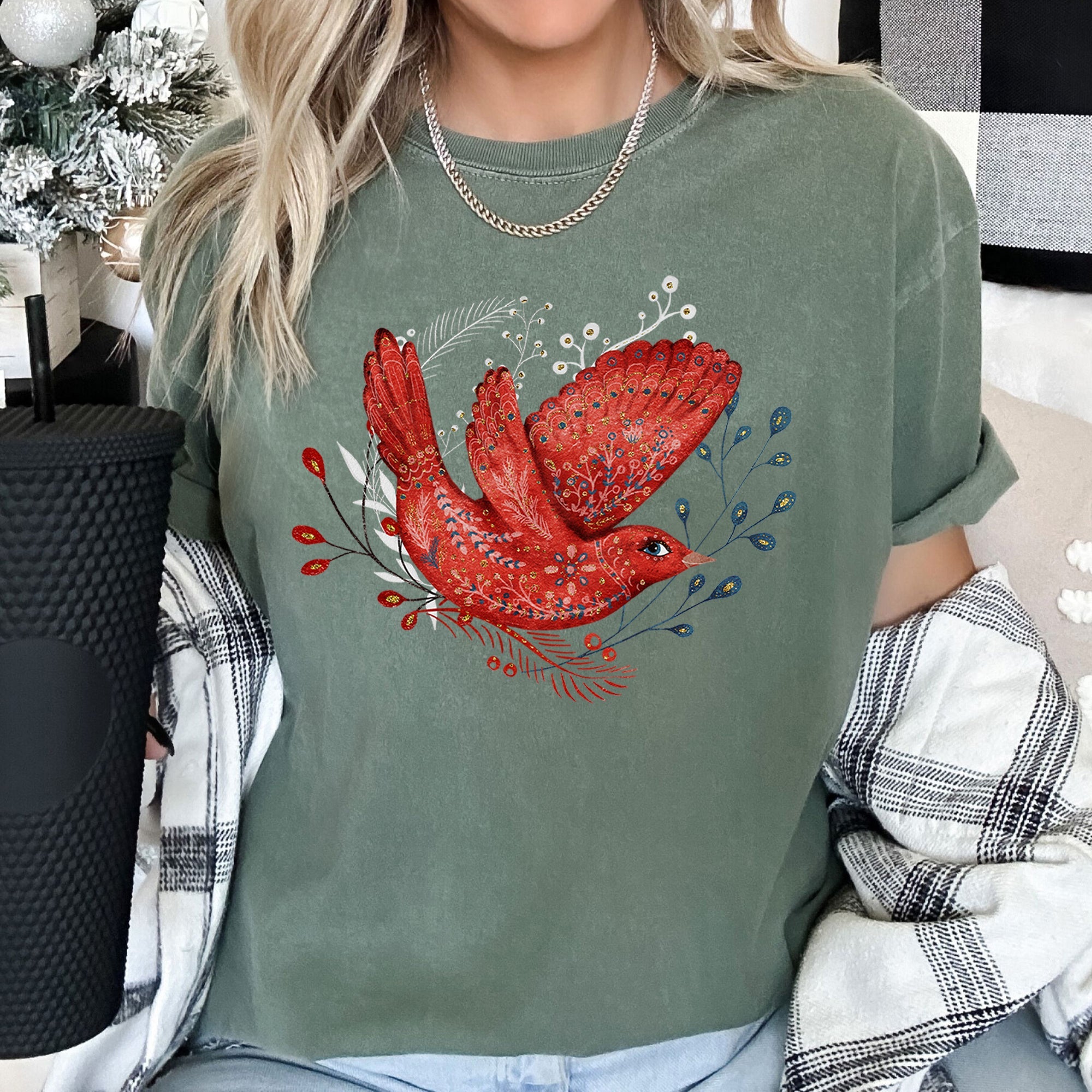 Red Bird Folk Art Scandinavian Winter Christmas Scene Vintage Comfort Colors Tee